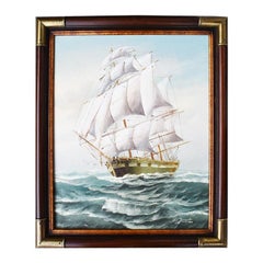 Framed Brass Nautical Maritime Oil on Canvas Painting of Ship at Sea by M. Grant