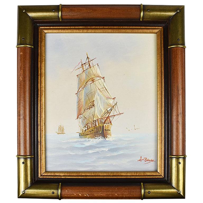 Framed Brass Nautical Maritime Oil on Canvas Painting of Ship at Sea Signed