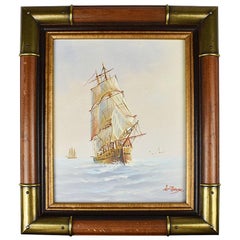 Retro Framed Brass Nautical Maritime Oil on Canvas Painting of Ship at Sea Signed