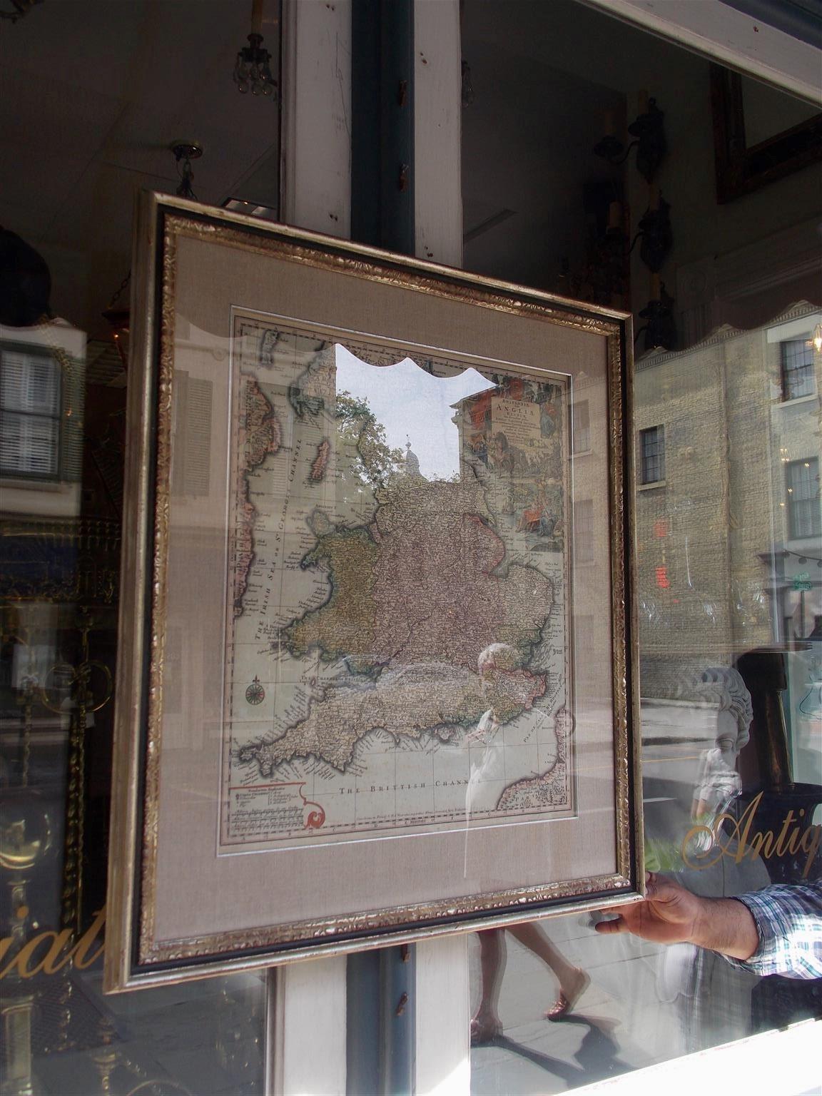 Framed and Matted Britannia Map hand tinted and colored with gilt frame. 
Signed Matthaus Seutter, 1725

Seutter was one of the most important and prolific German map publishers of the 18th century. Seutter started his career as an apprentice