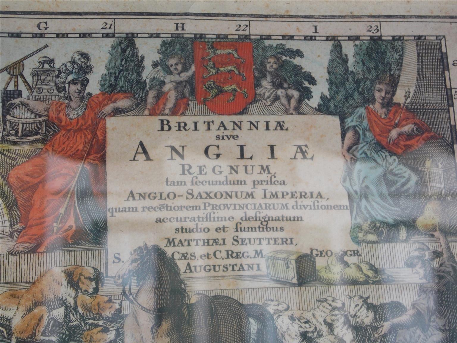 George II Framed Britannia Map Hand Tinted and Colored, Signed Matthaus Seutter, C. 1725