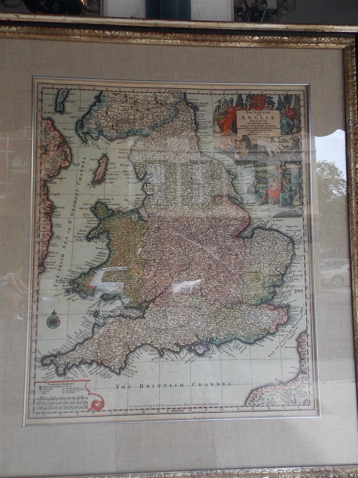 German Framed Britannia Map Hand Tinted and Colored, Signed Matthaus Seutter, C. 1725