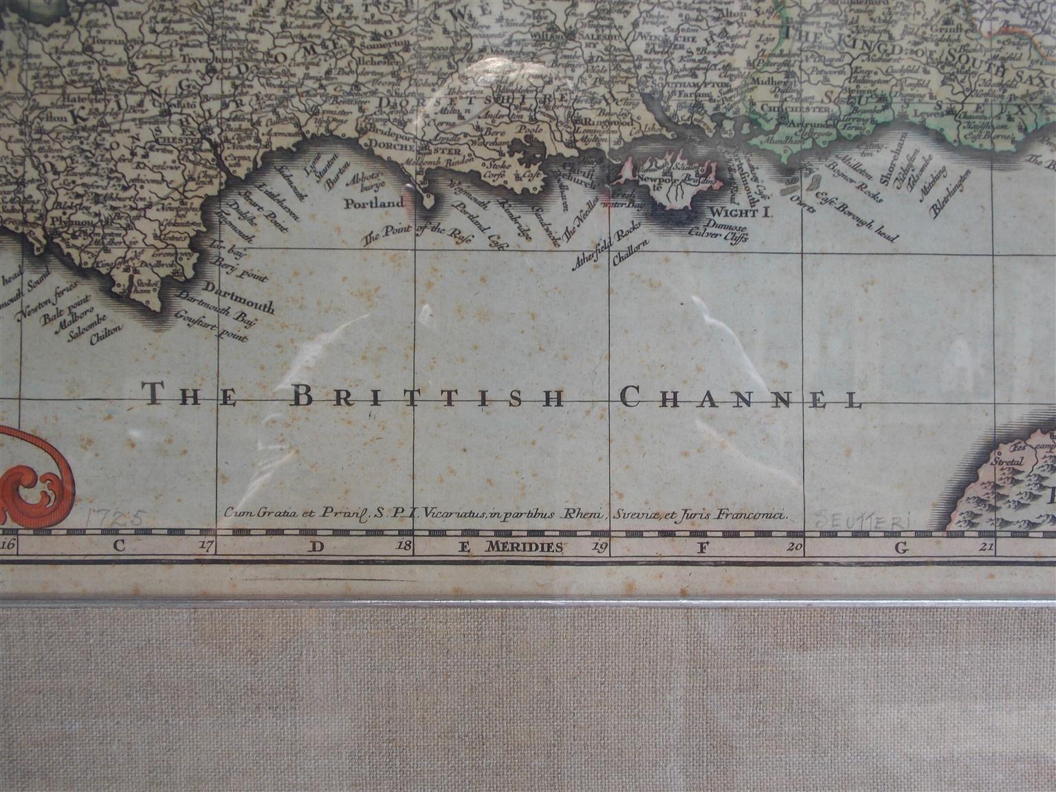 Hand-Carved Framed Britannia Map Hand Tinted and Colored, Signed Matthaus Seutter, C. 1725