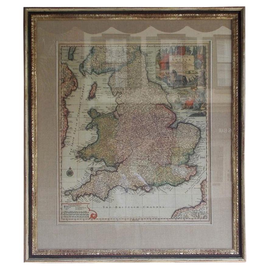Framed Britannia Map Hand Tinted and Colored, Signed Matthaus Seutter, C. 1725
