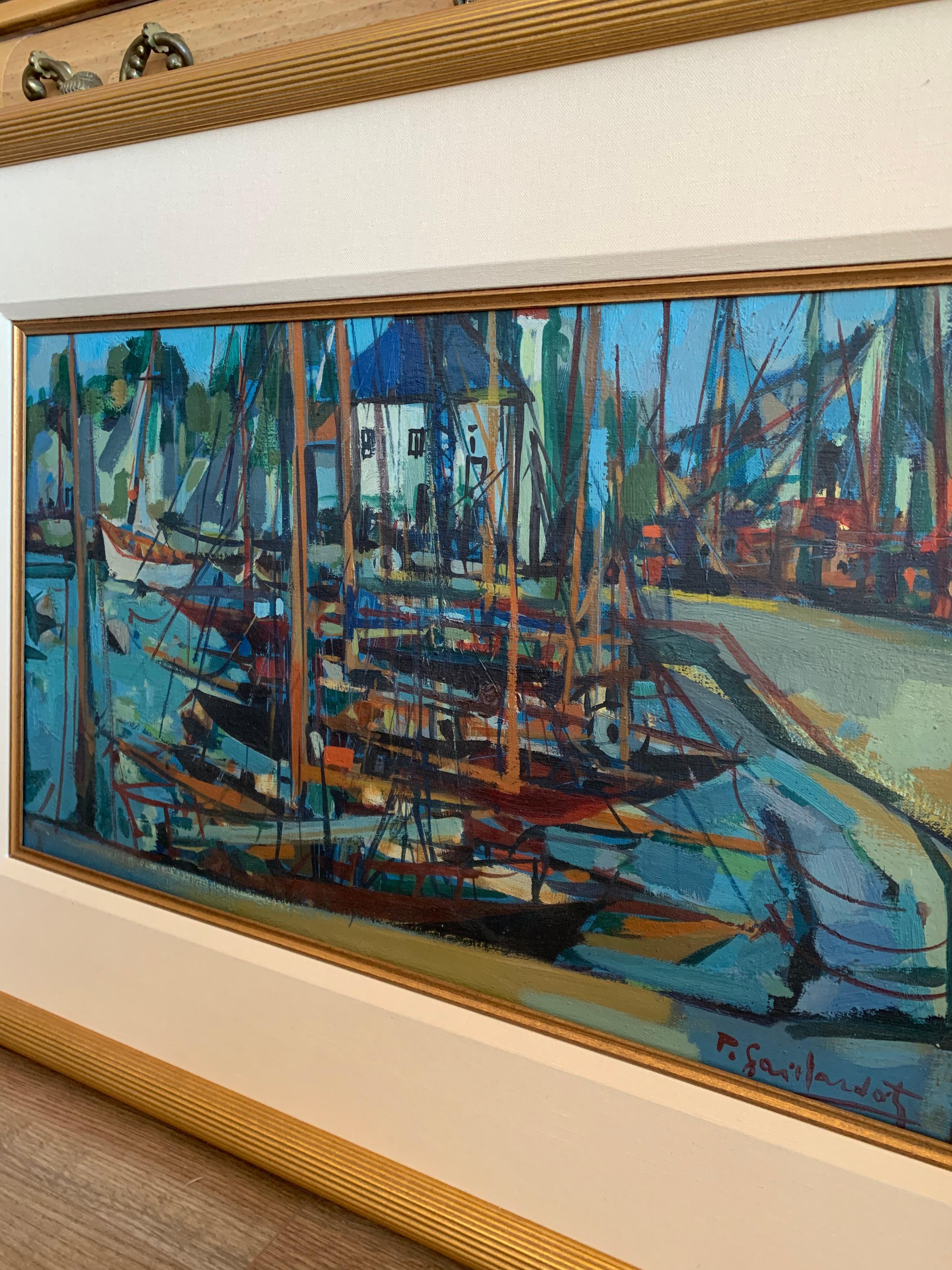 This beautiful oil painting of boats in the Brittany region of France also includes the gold frame with gold interlining.