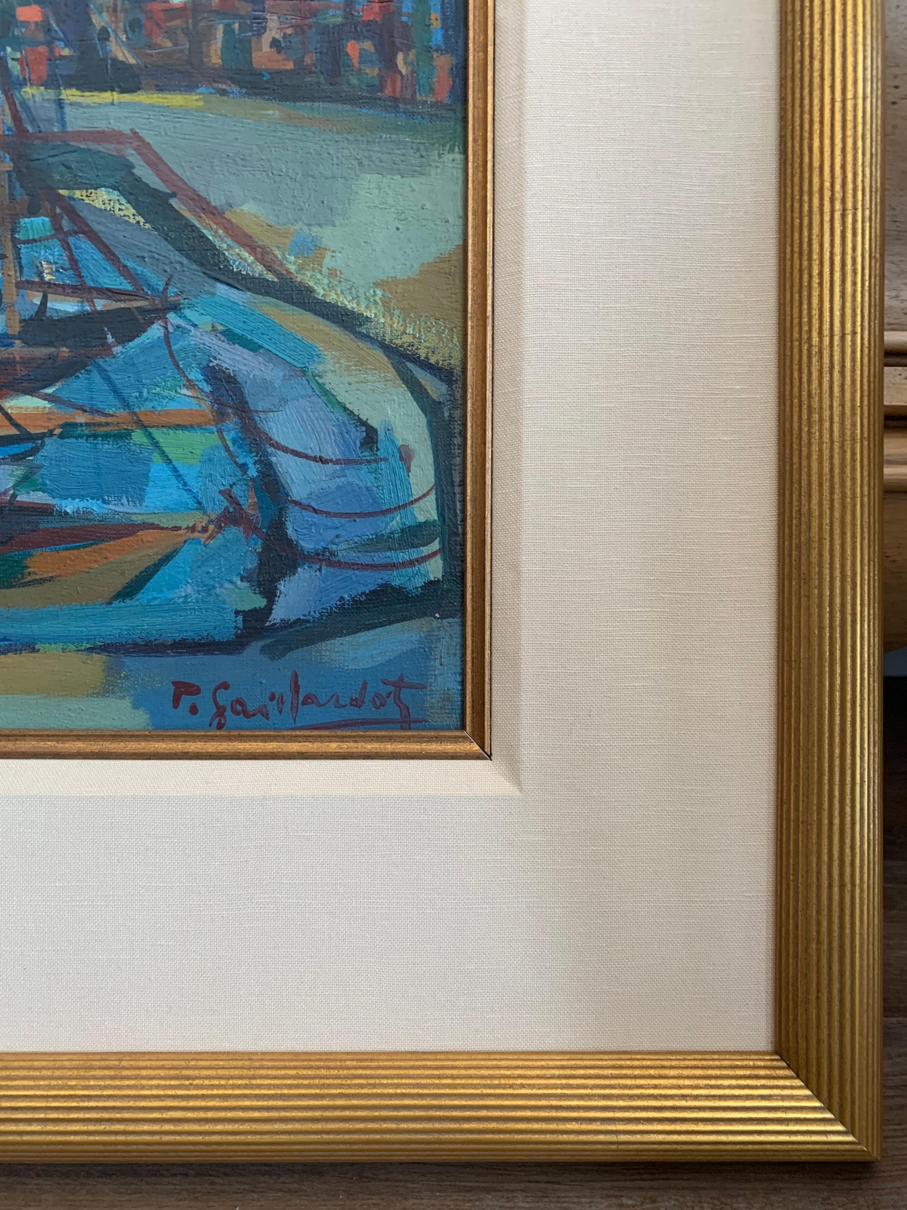 Framed Brittany Boats Painting in Oil In Excellent Condition For Sale In Madison, MS