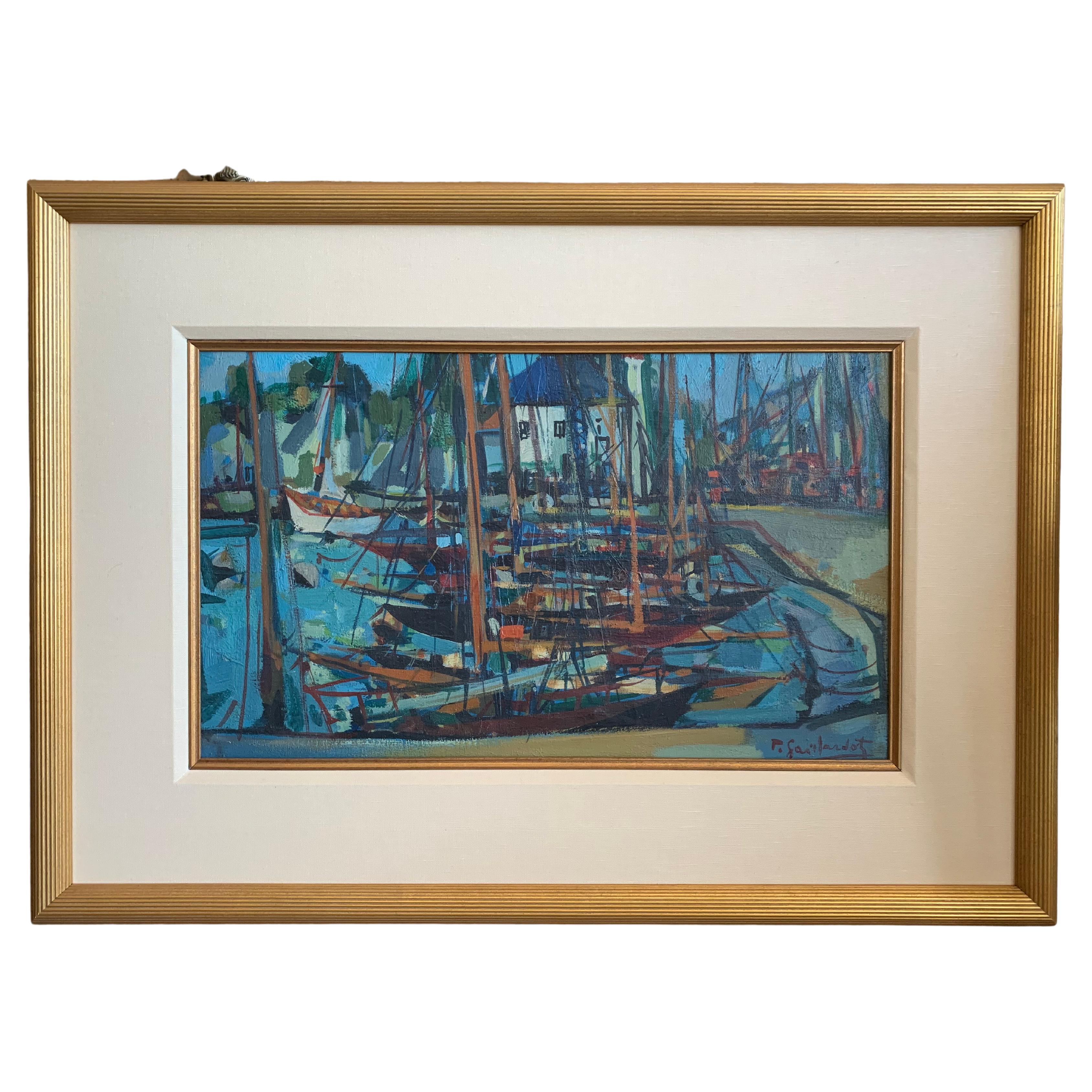Peinture à l'huile de bateaux de Bretagne encadrée en vente