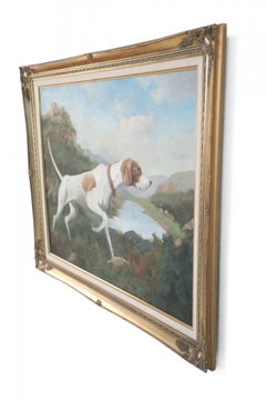 Framed Brown and White Pointing Dog Painting