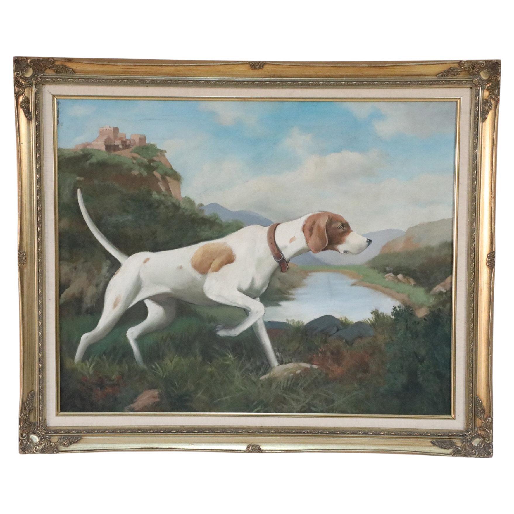 Framed Brown and White Pointing Dog Painting