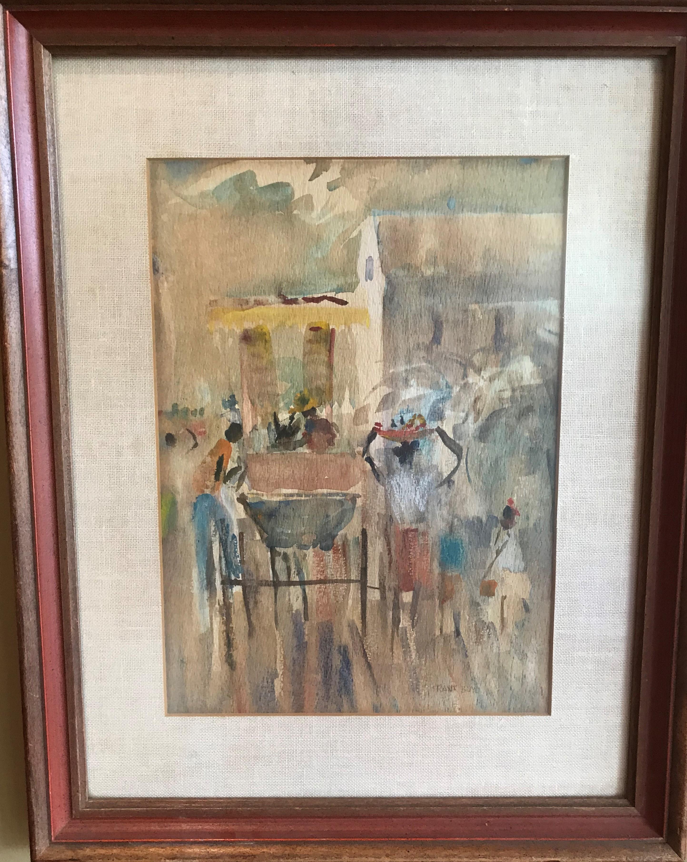 Impressionist 20th century watercolor by Frank Boyd (b. 1893- d. ??). A street scene depicting a carriage with native passerby in soft, colorful mutations. Not much is known about him other that he exhibited in the 9th International Watercolor