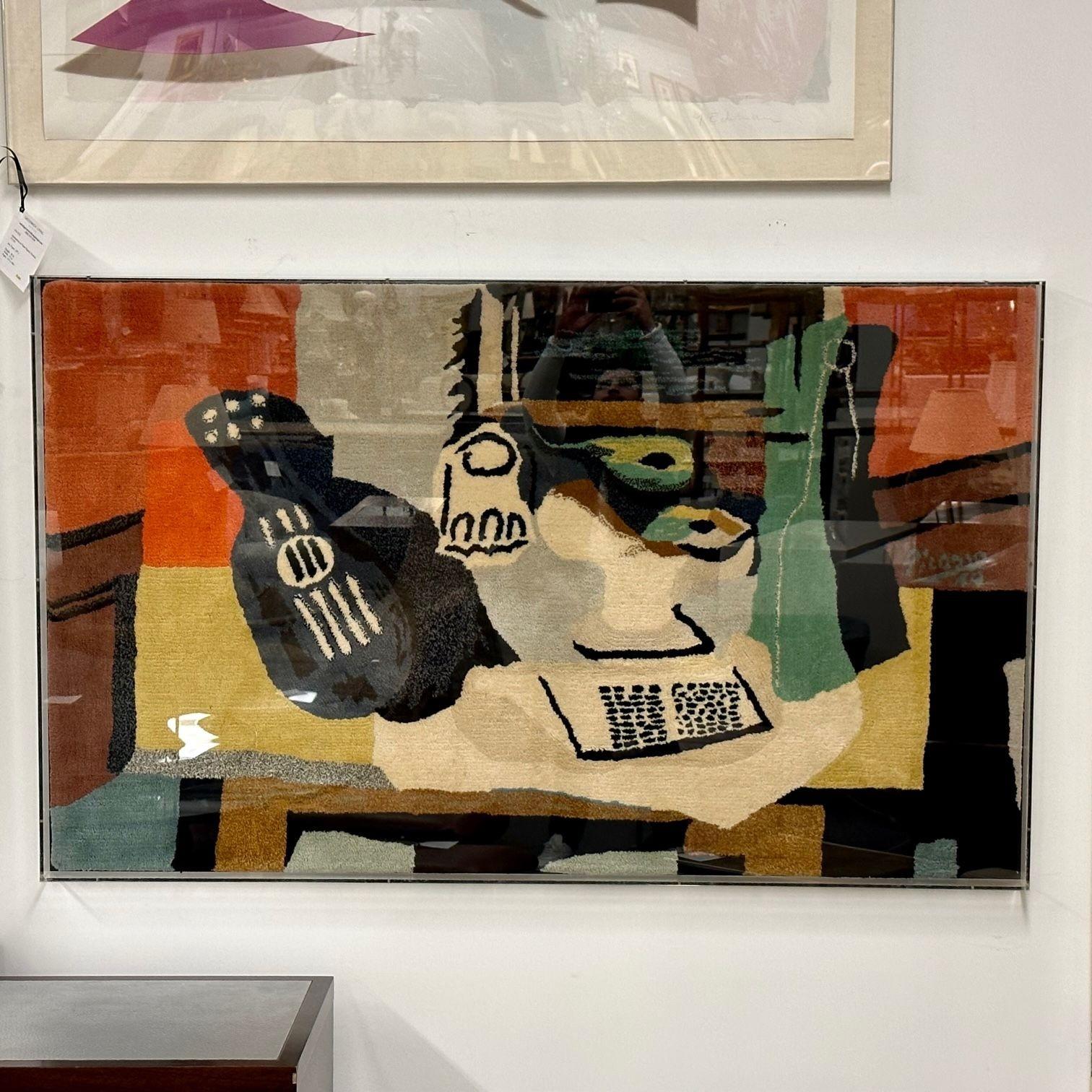 Mid-Century Modern Framed Carpet, Picasso's 'Guitar, Glass, and Fruit Dish' Rug, Decorative Art For Sale