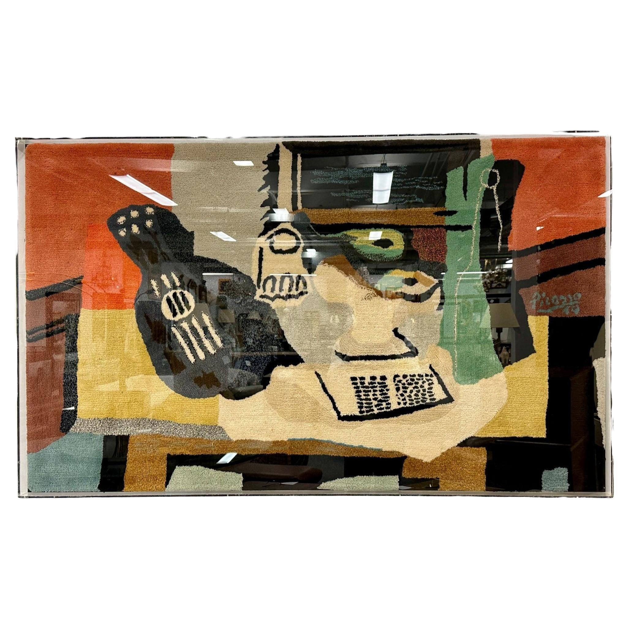 Framed Carpet, Picasso's 'Guitar, Glass, and Fruit Dish' Rug, Decorative Art For Sale