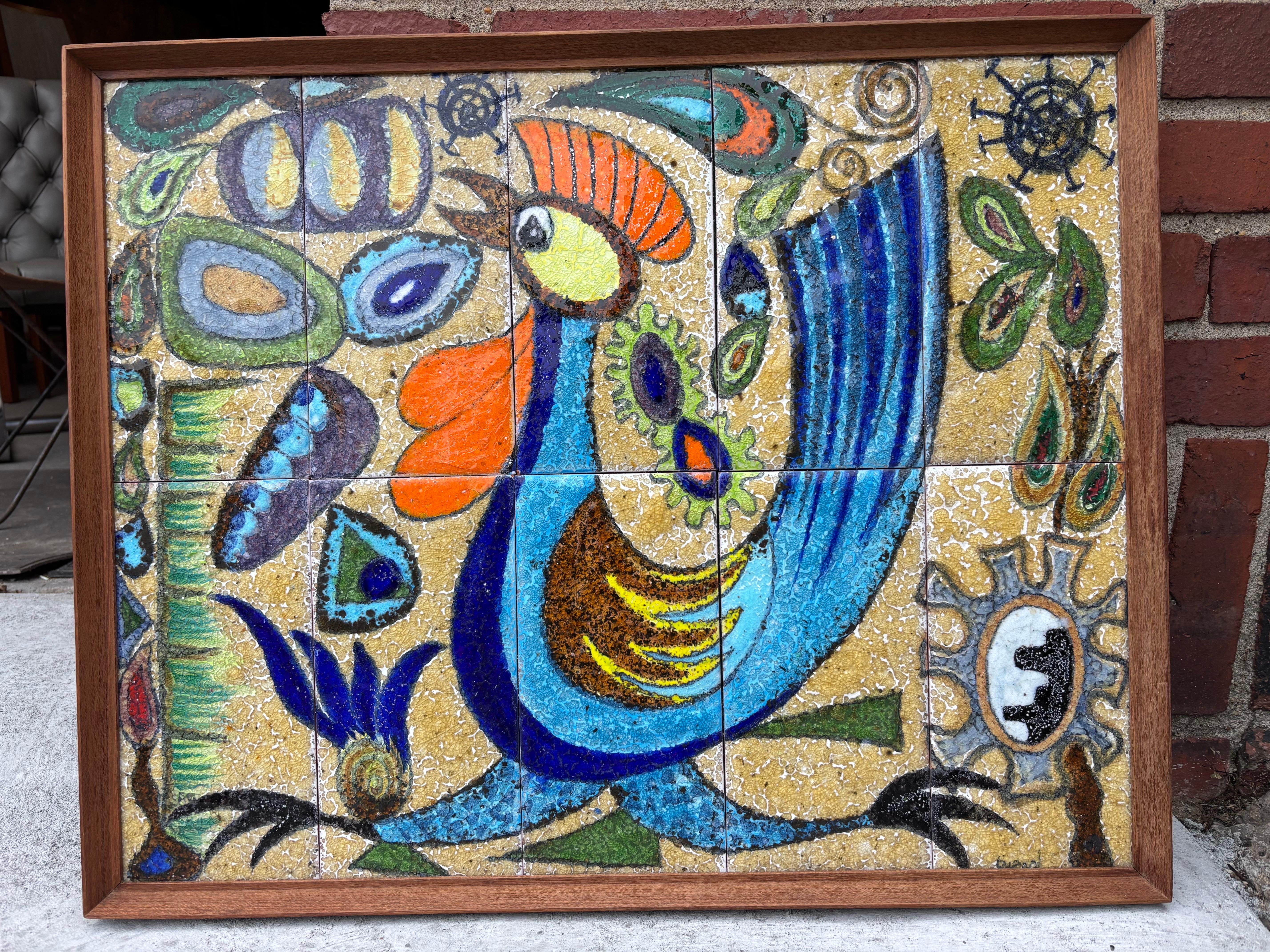 Framed Ceramic Rooster Art Tile Plaque, French, 1950's In Good Condition For Sale In Philadelphia, PA