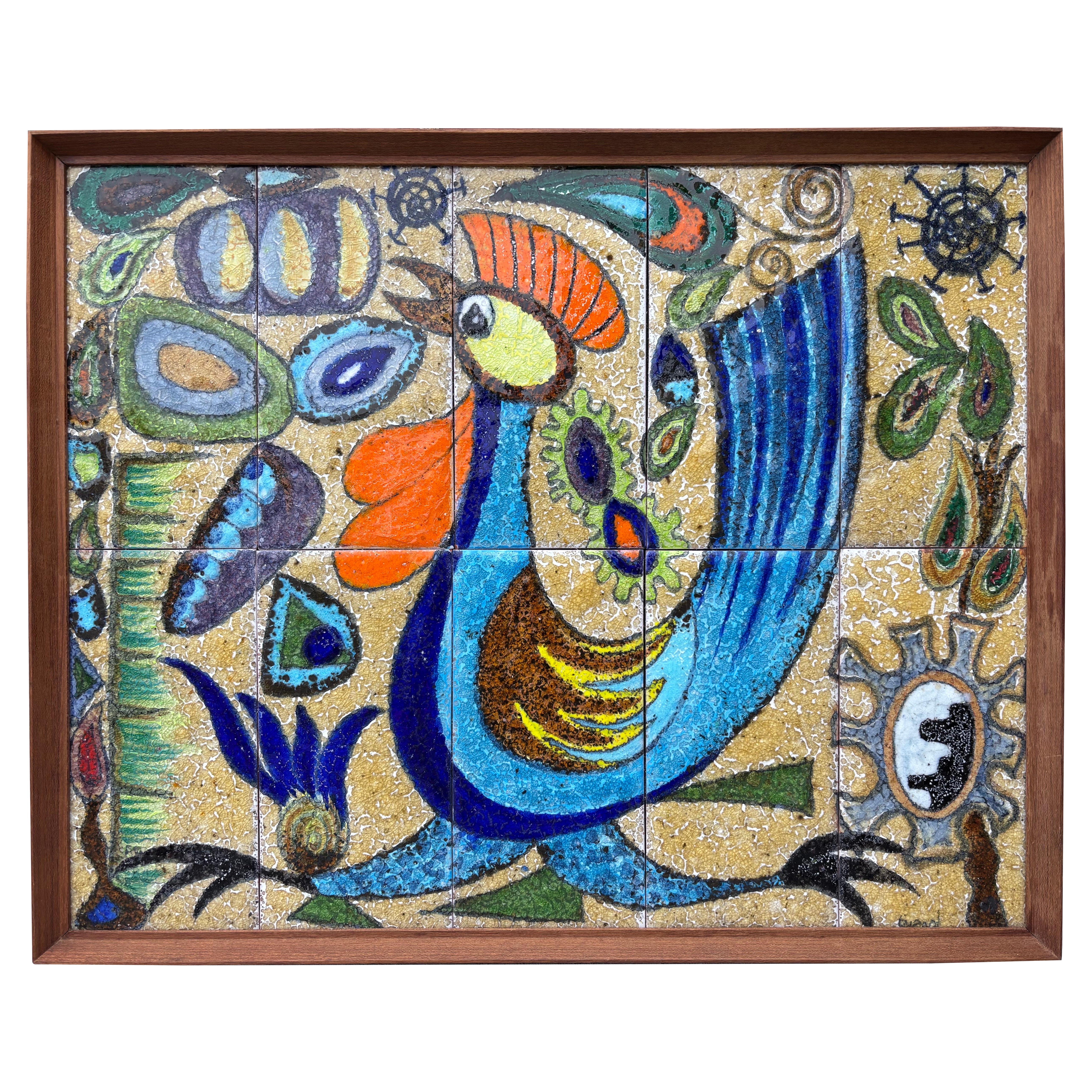 Plaque d'art coq en céramique, française, années 1950