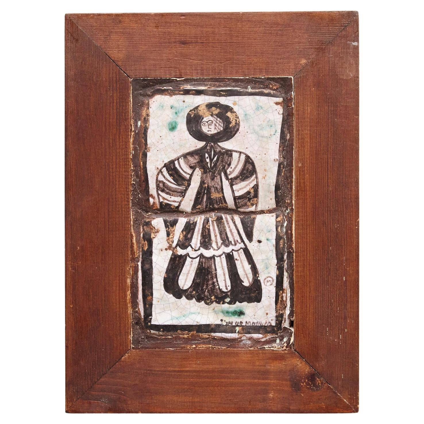 Framed Ceramic Tile Hand Painted Composition, circa 1940