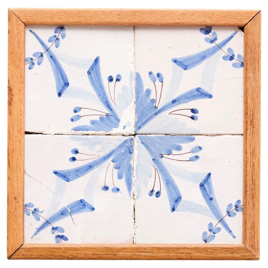 Framed Ceramic Tile Hand Painted Composition, circa 1950 For Sale