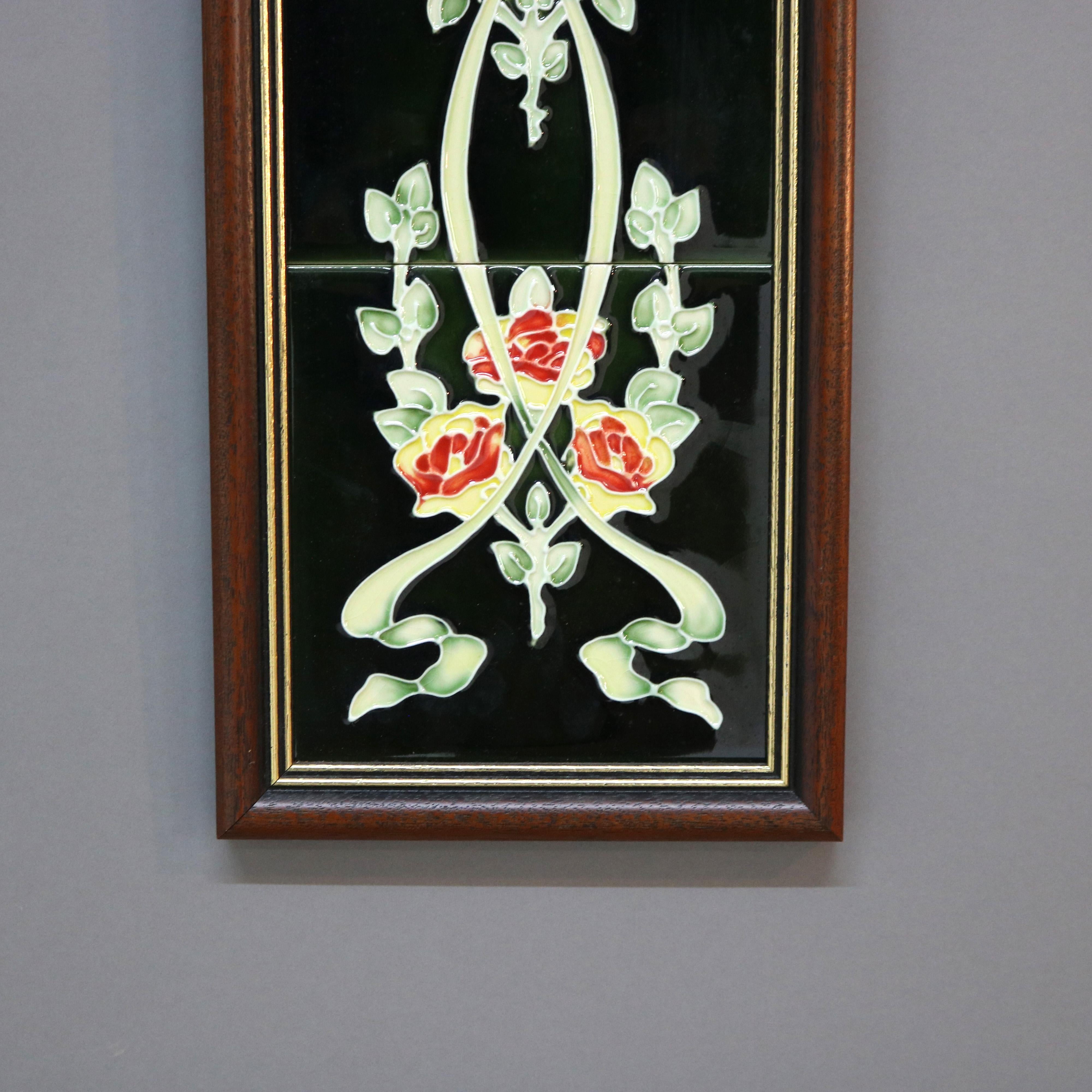 Framed Ceramic Tiled Wall Plaque with Roses 20thC In Good Condition In Big Flats, NY