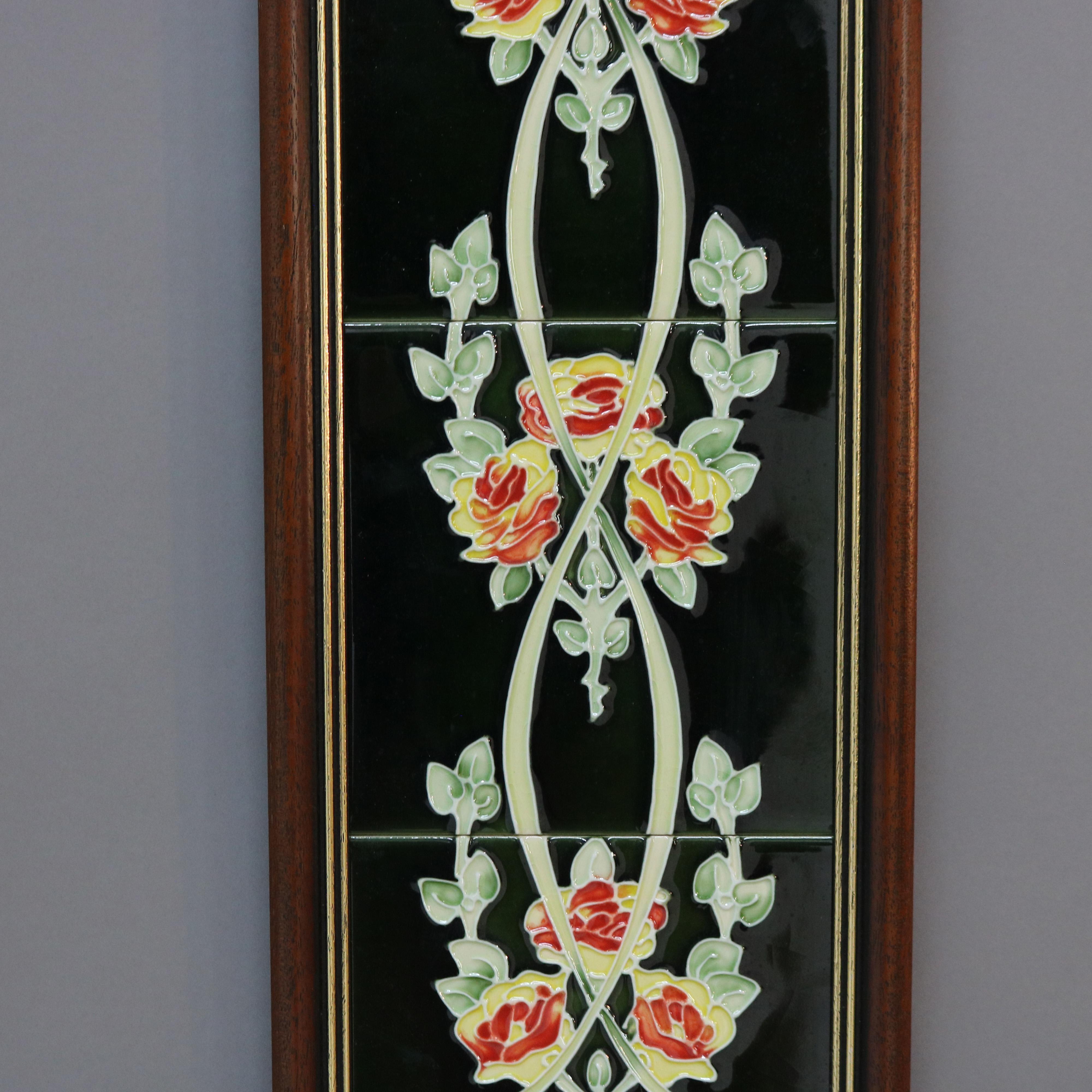 20th Century Framed Ceramic Tiled Wall Plaque with Roses 20thC