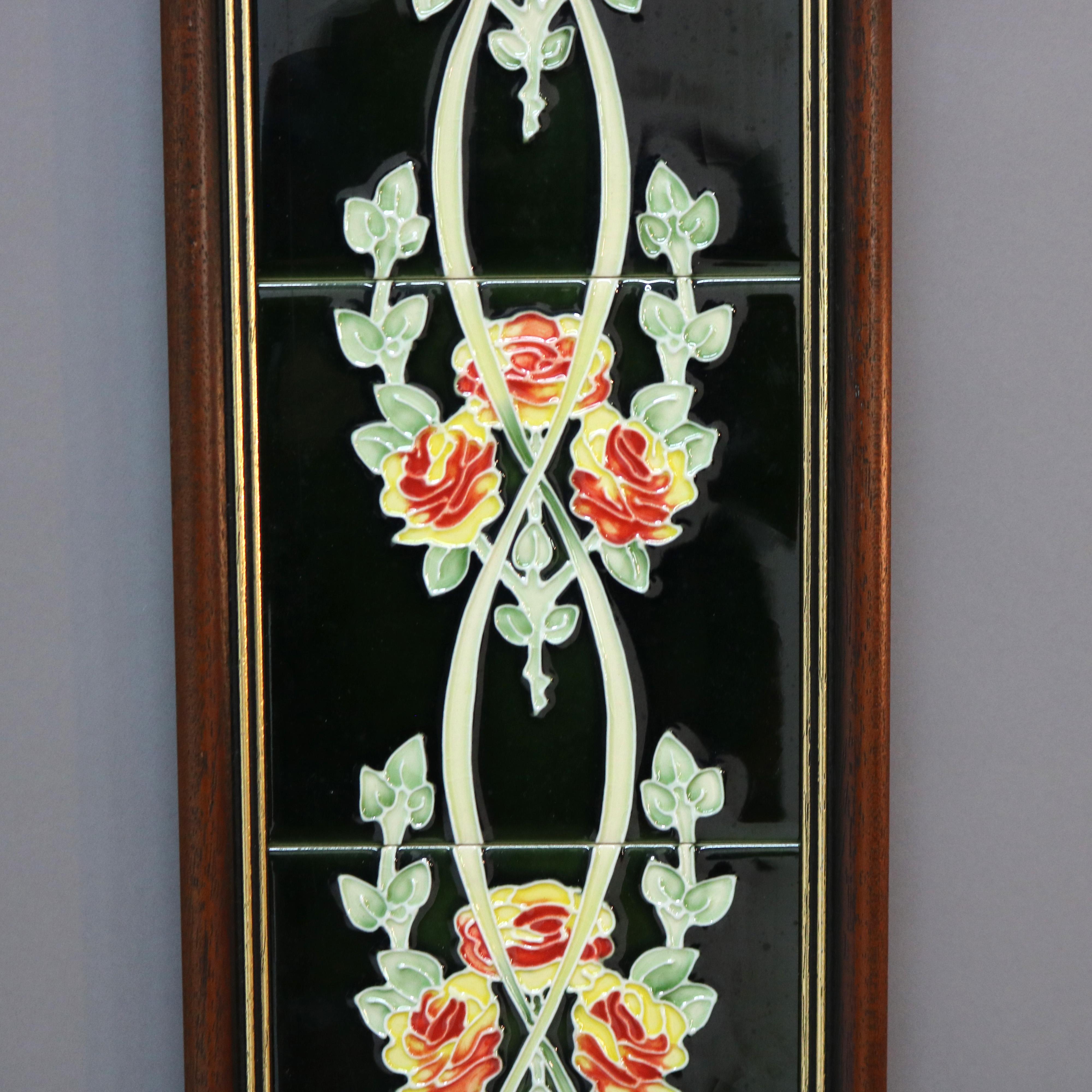 Framed Ceramic Tiled Wall Plaque with Roses 20thC 1