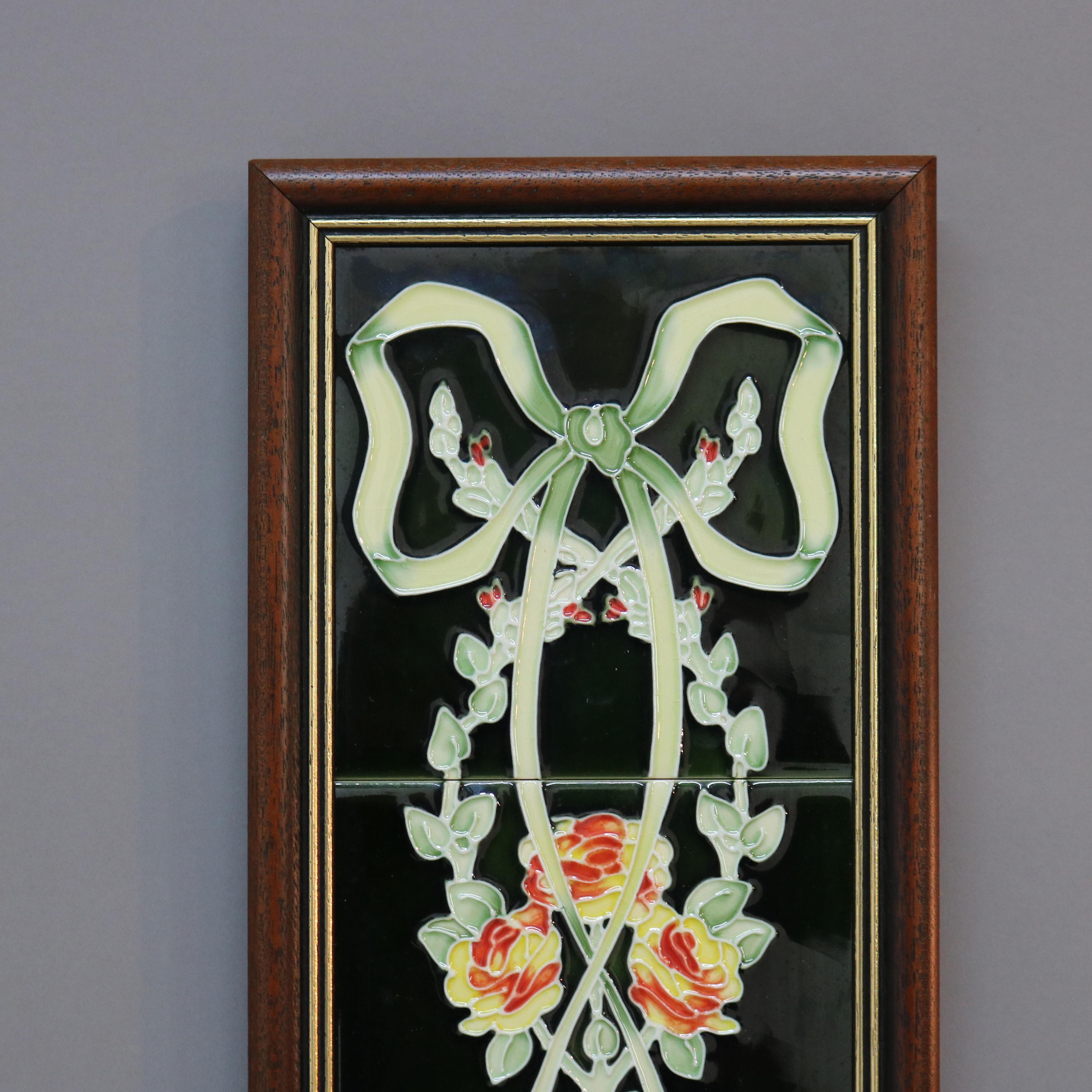 Framed Ceramic Tiled Wall Plaque with Roses 20thC 2