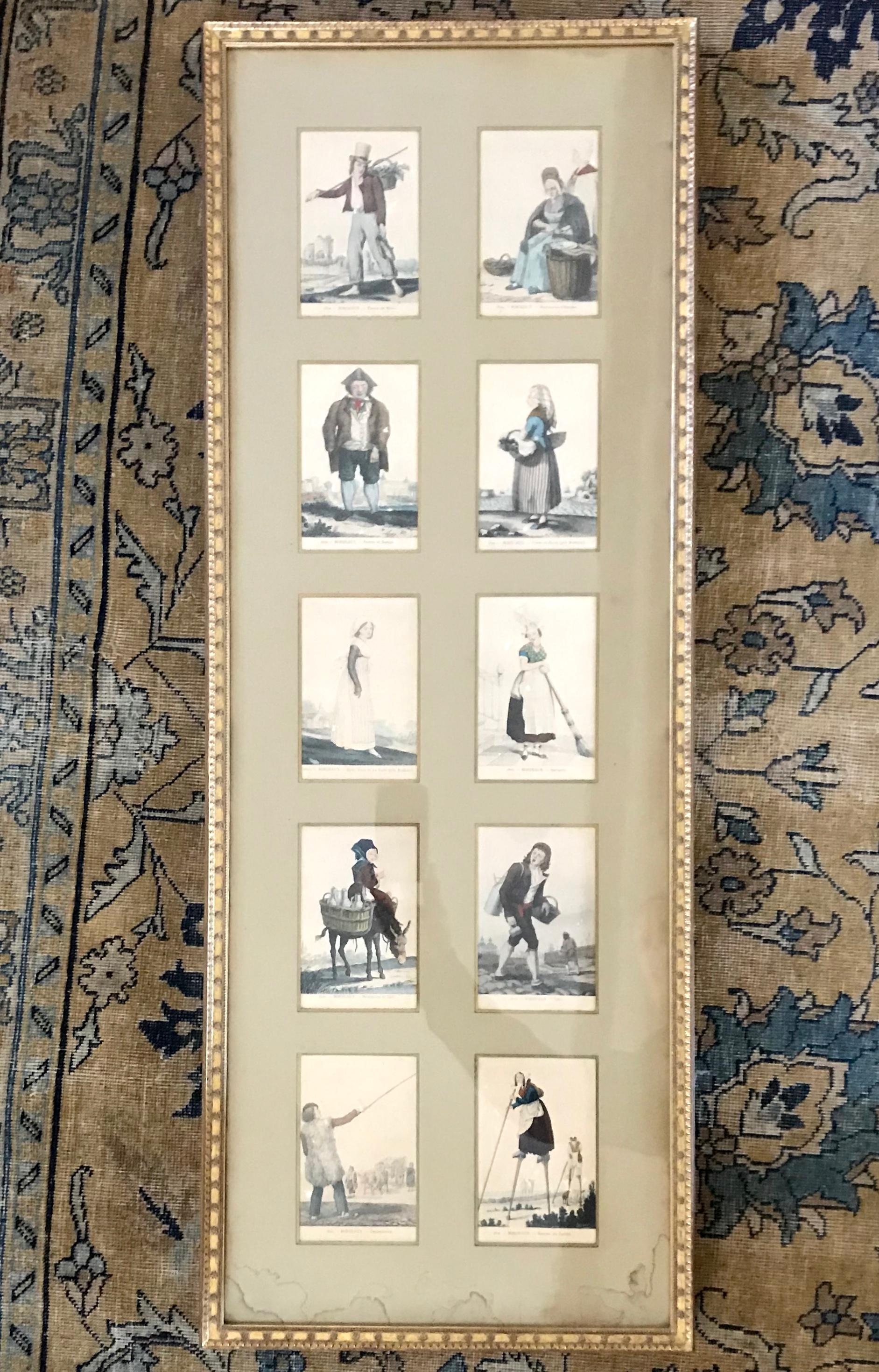 Framed characters of Bordeaux. Ten elegant hand coloured French engravings of personages / vocations Bordelais stamped 1820 under celadon matting with rippled antique glass in a Regency style gilt carved frame. France, 1820 and later. 
Dimensions: