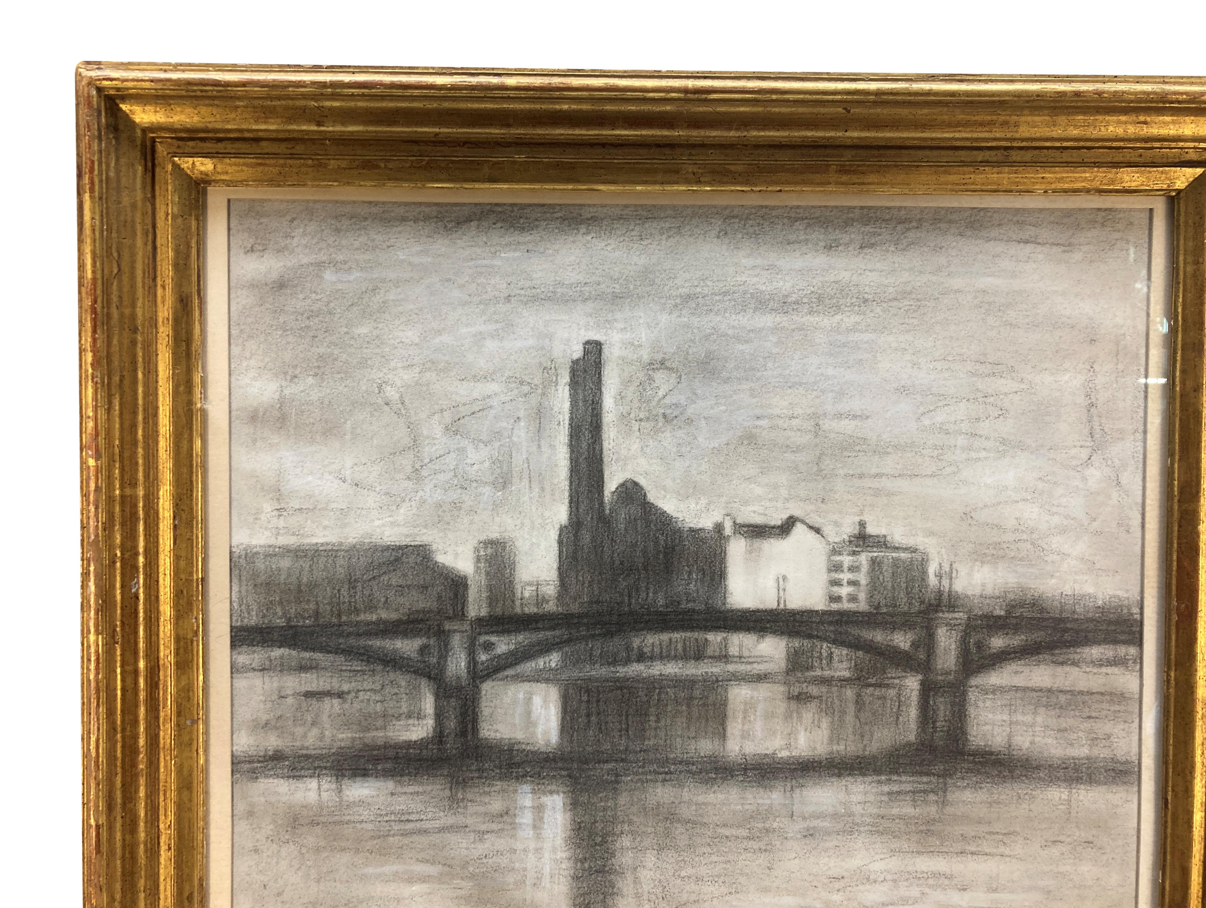 Dessin au fusain encadré et vitré de la centrale électrique originale de Lot's Road, Chelsea, Londres. Signé et daté.