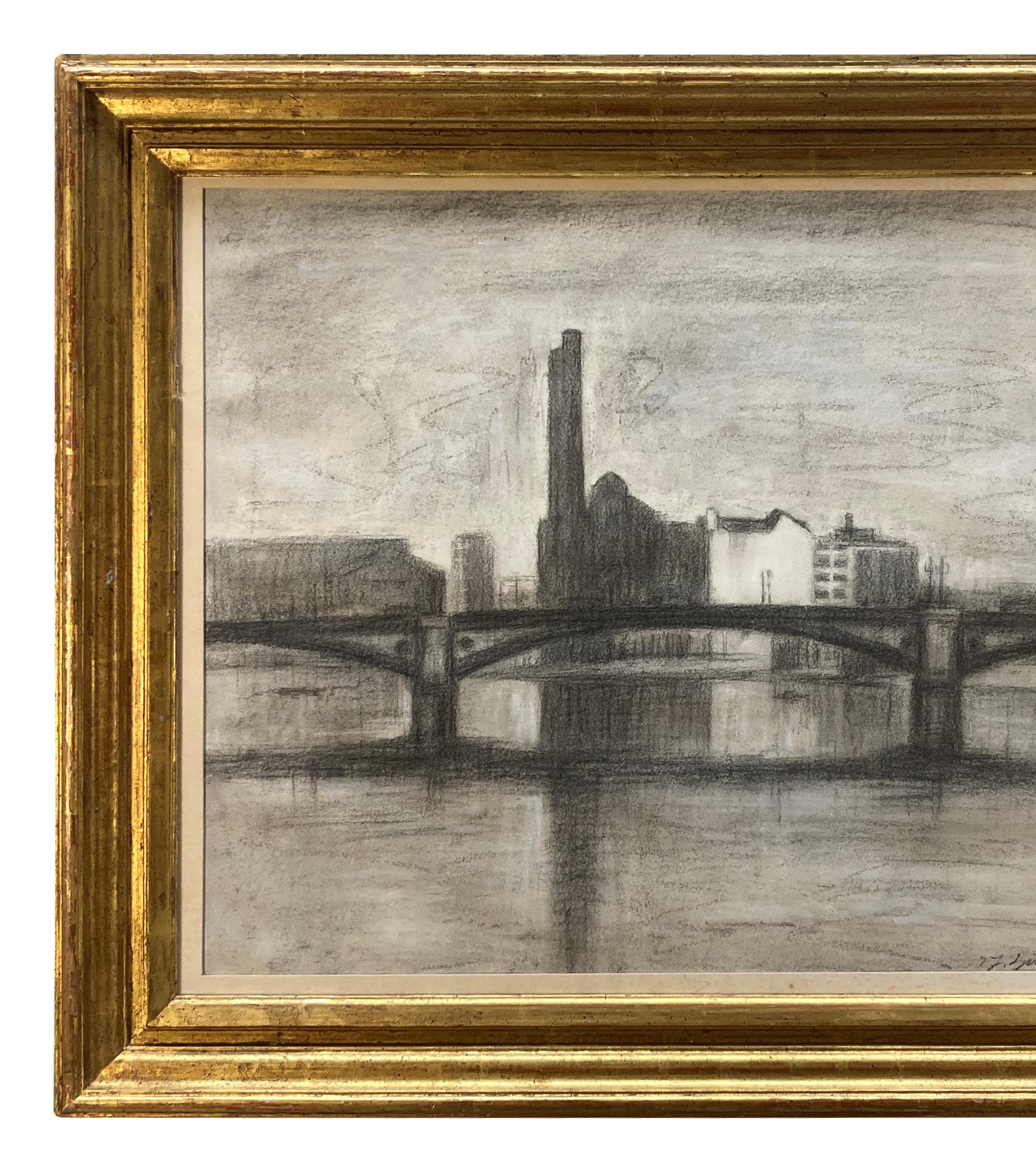 Dessin au fusain encadré de la centrale électrique de Lot's Road, Londres Bon état - En vente à Kent, Dover
