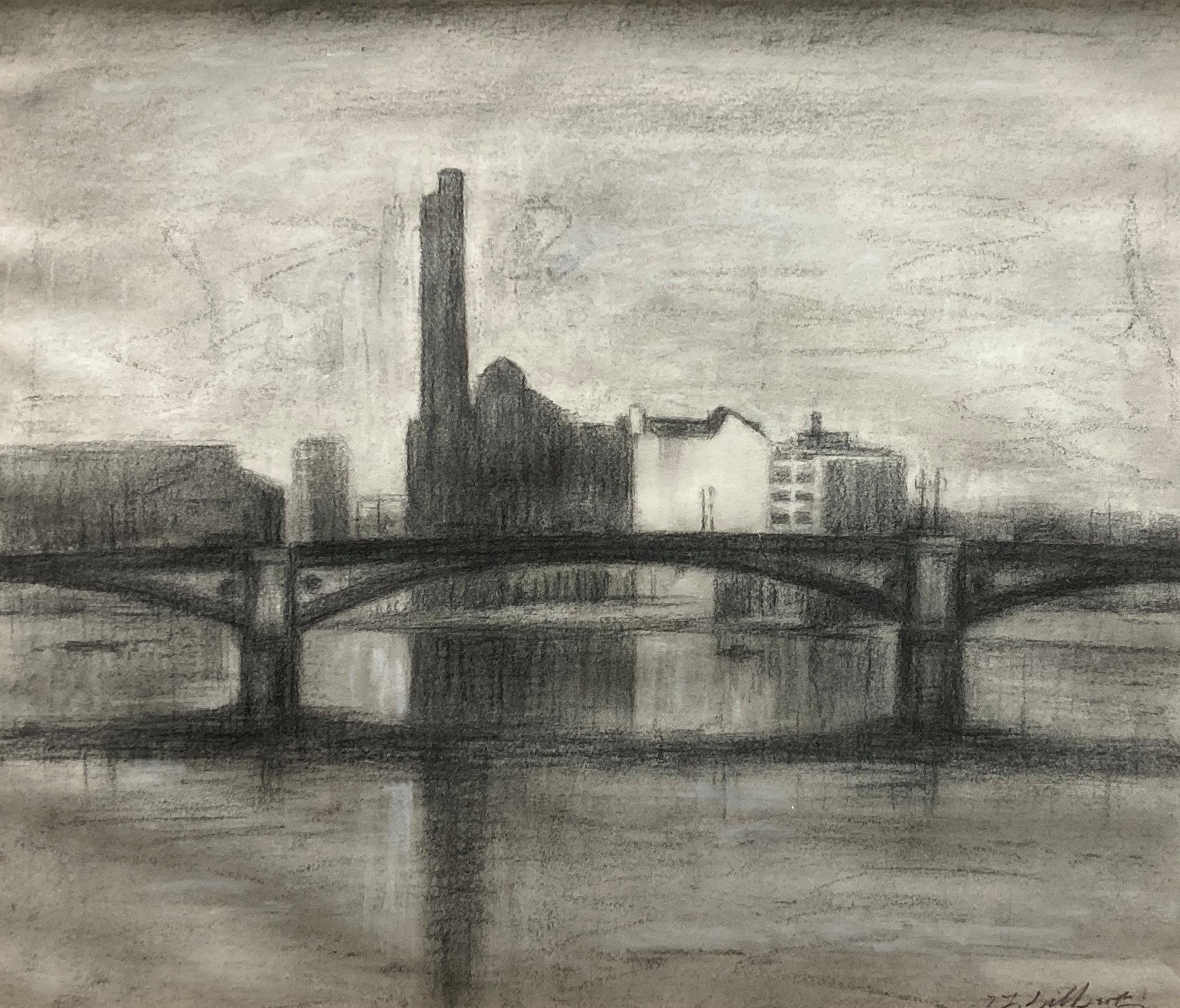 Début du 20ème siècle Dessin au fusain encadré de la centrale électrique de Lot's Road, Londres en vente