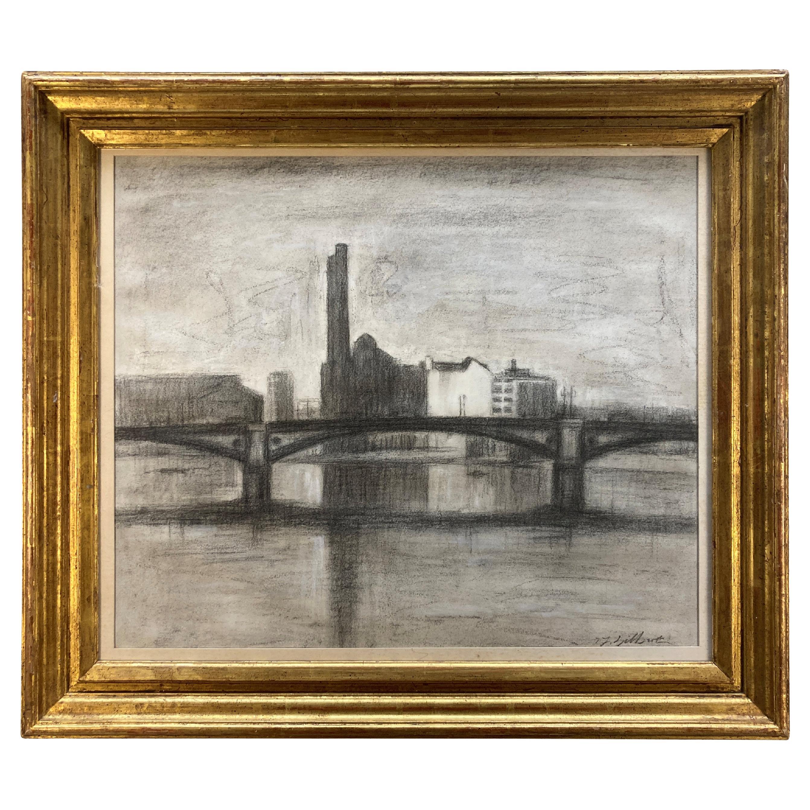 Dessin au fusain encadré de la centrale électrique de Lot
s Road, Londres en vente