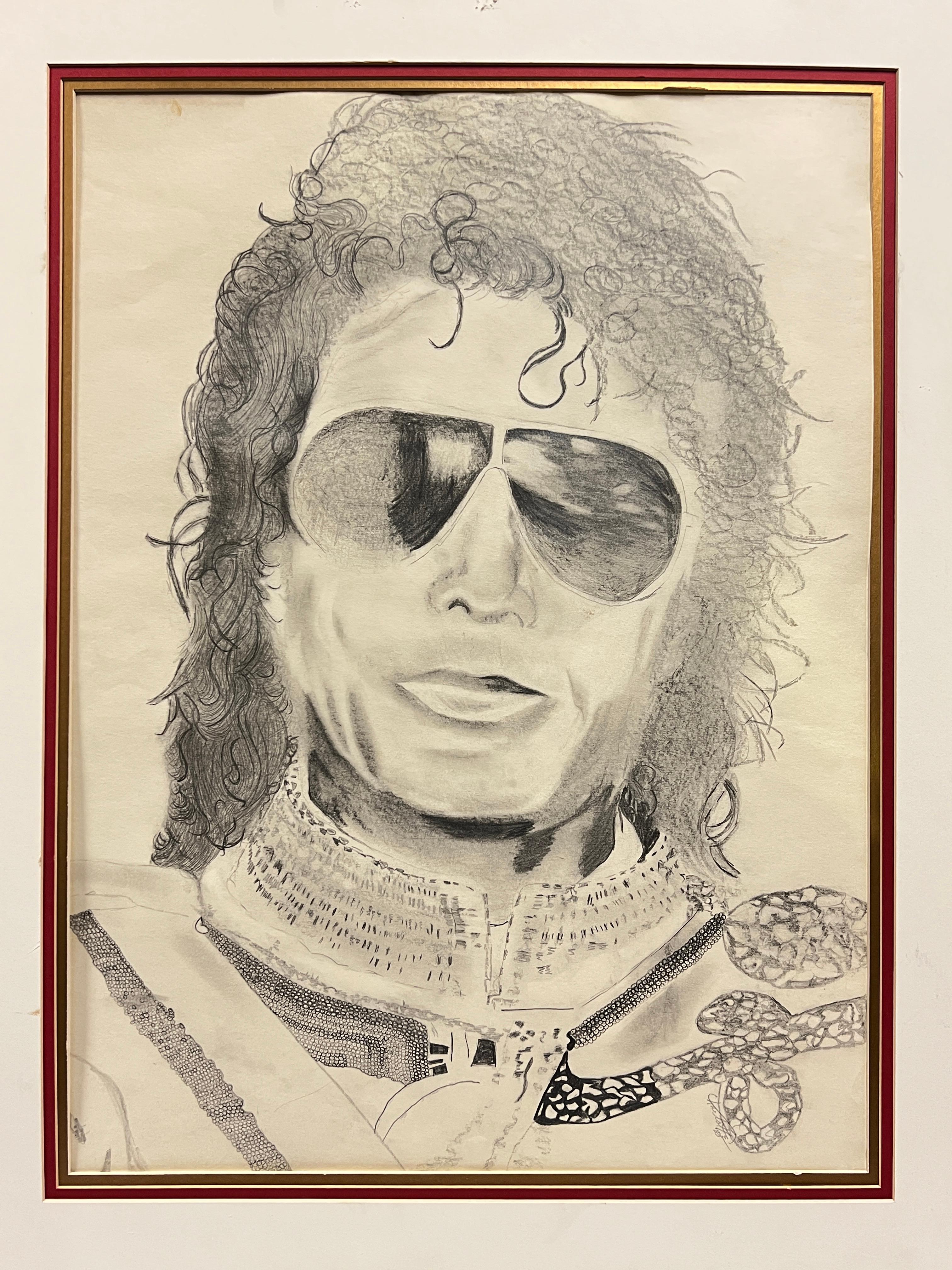 Exceptional pencil charcoal drawing of Michael Jackson (one of our best customers), signed Charlotte and dated 1983, matted and mounted in giltwood frame measuring 13 1/2 by 25 1/2 by 1 1/2 inches.