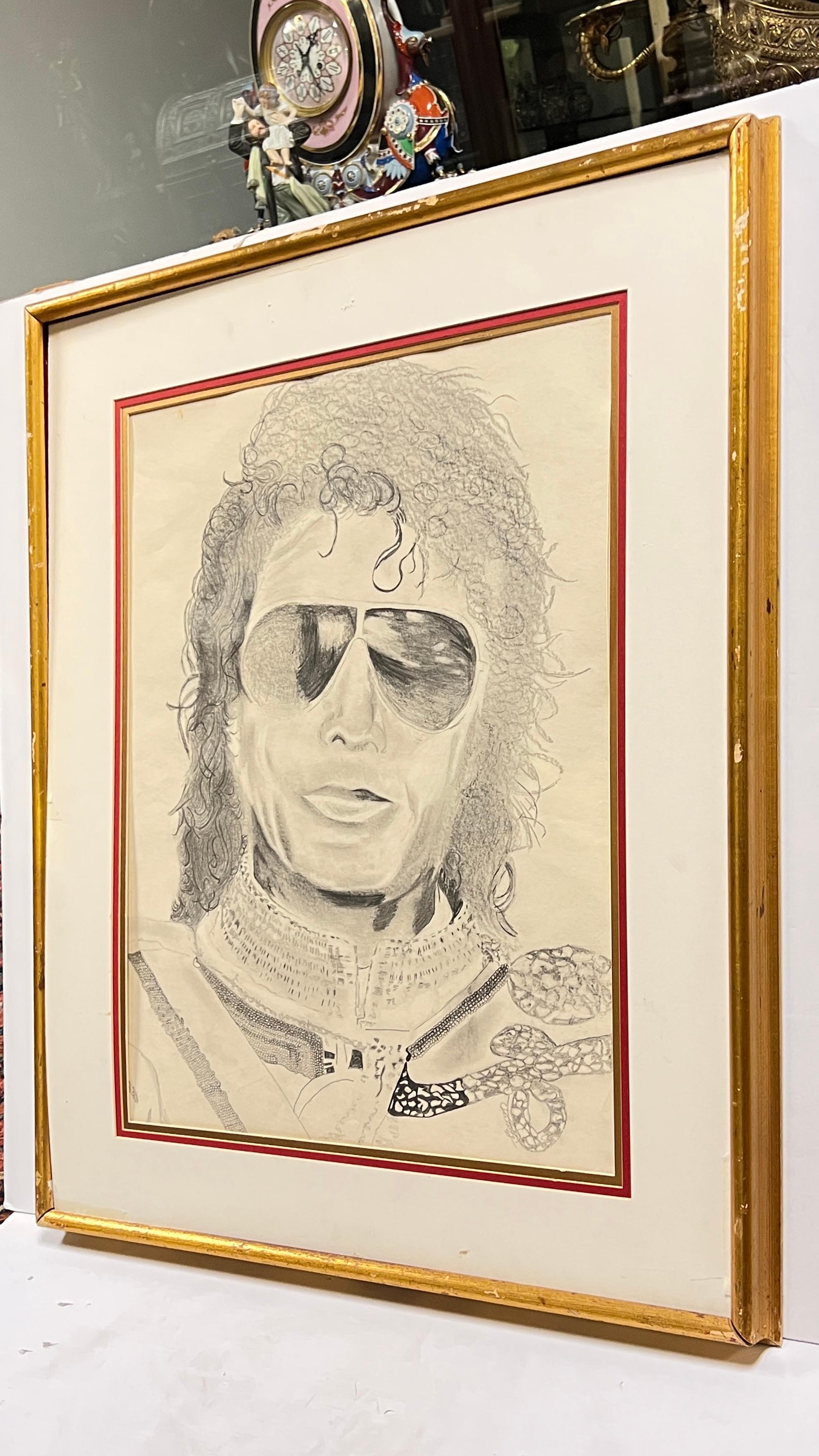Paper Framed Charcoal Drawing of Michael Jackson by Charlotte (1983) For Sale