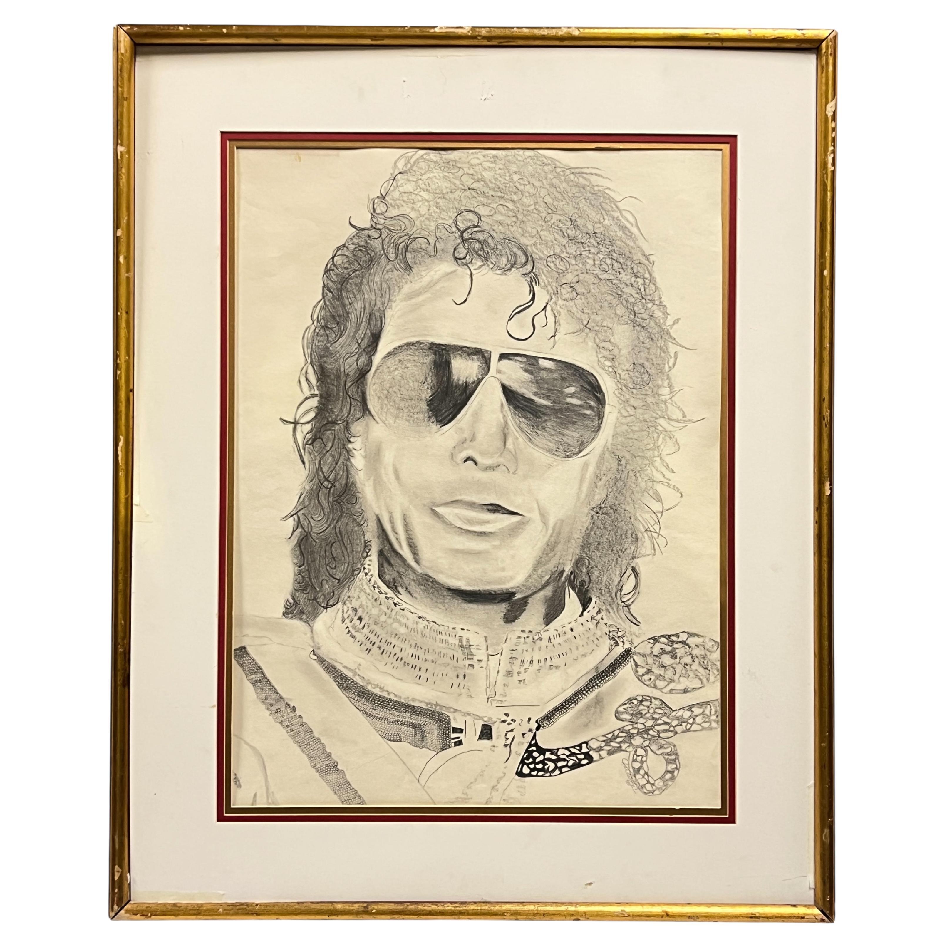 Framed Charcoal Drawing of Michael Jackson by Charlotte (1983) For Sale