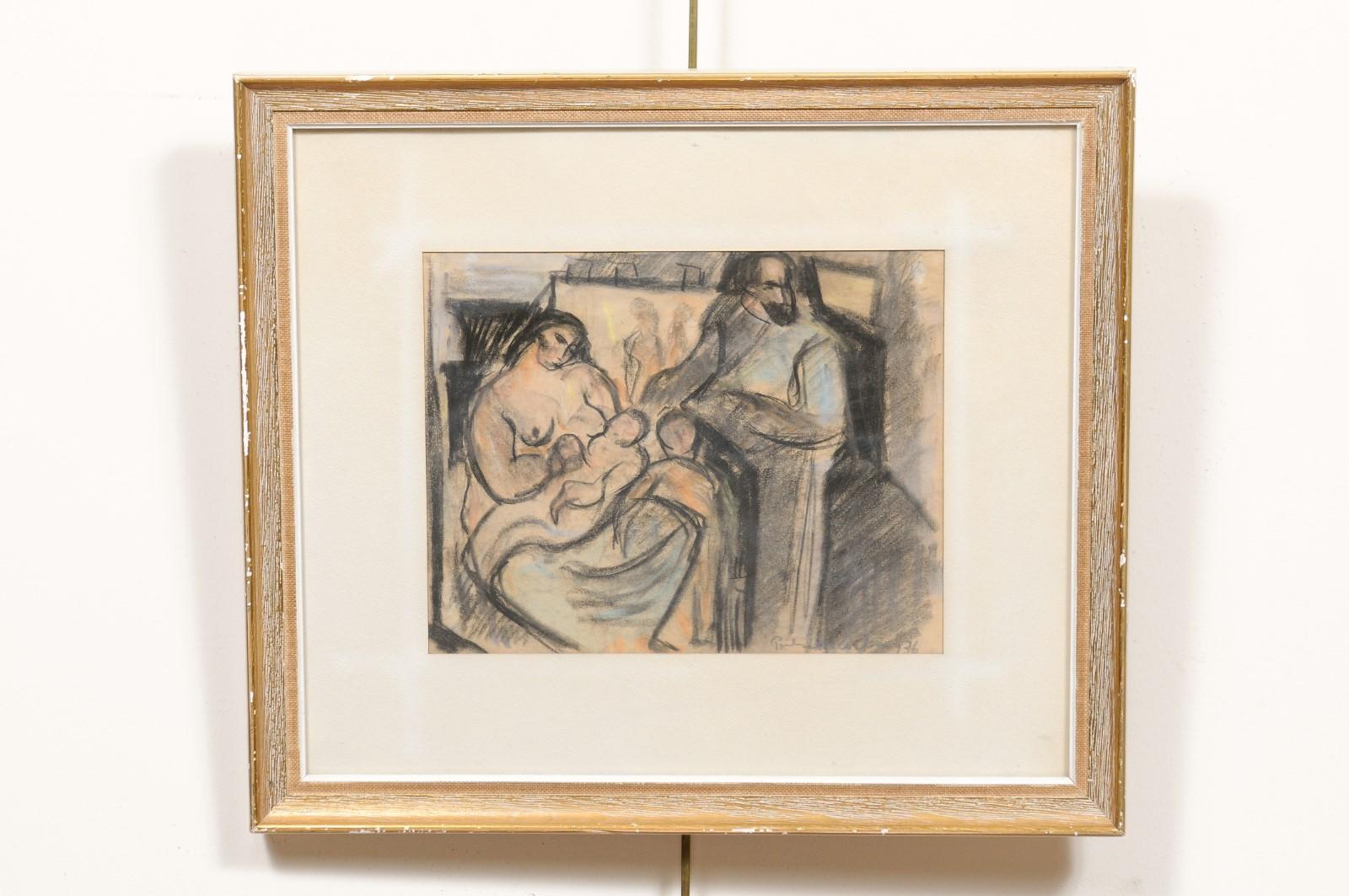 Framed Charcoal Drawing, Signed and Dated 1938 For Sale 6