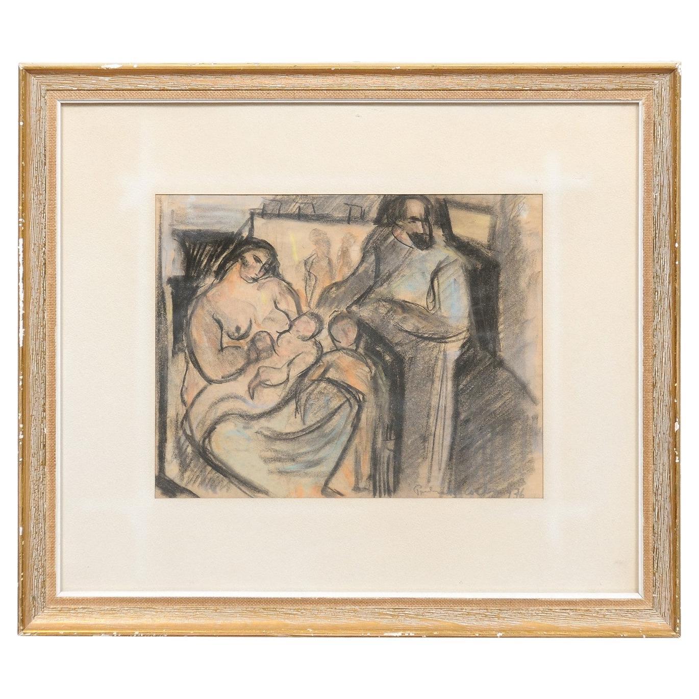 Framed Charcoal Drawing, Signed and Dated 1938