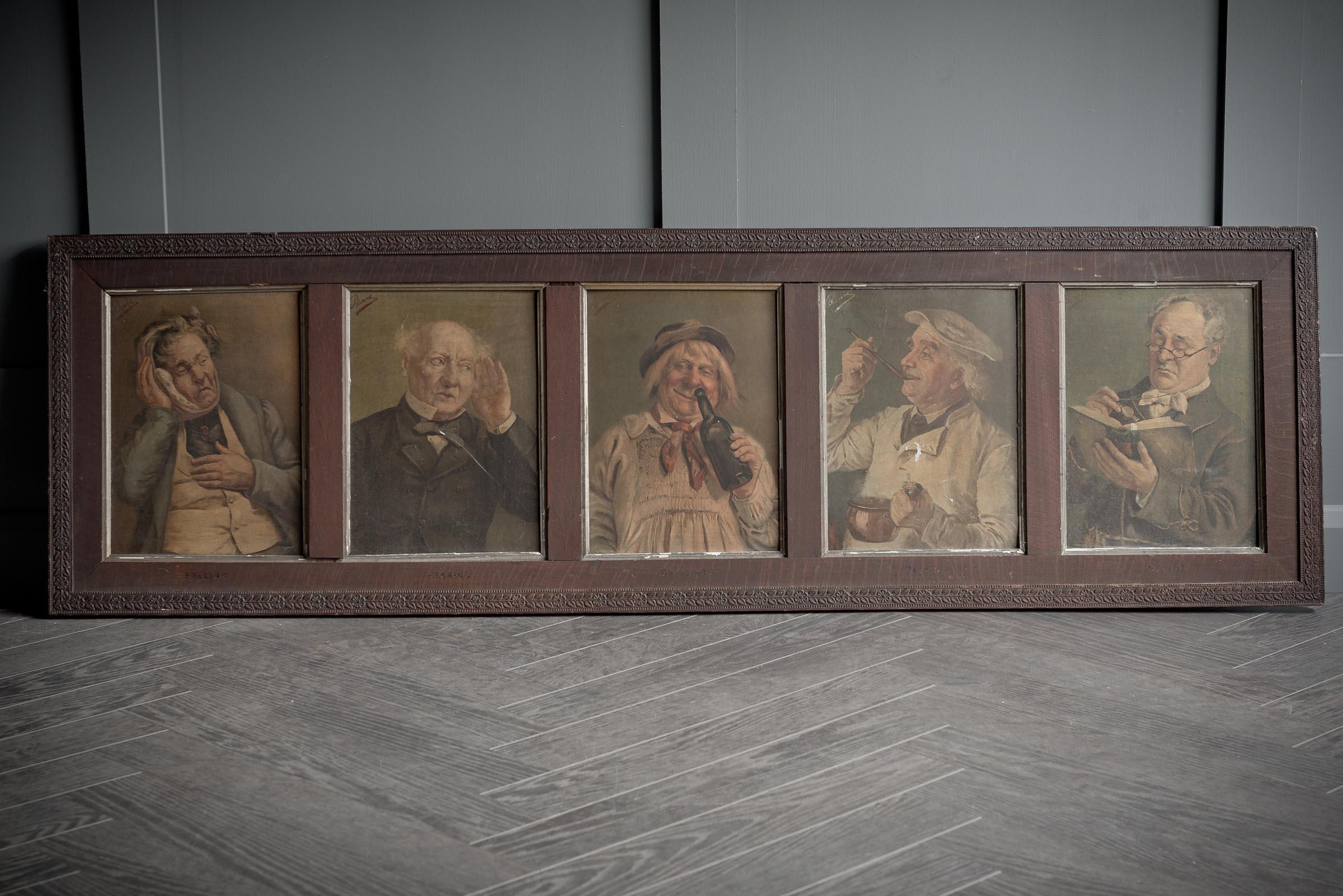 This wonderful 19th century chemist advert, by Pears, depicts 5 men with different ailments affecting their: feeling, hearing, seeing, smelling and tasting. These are engraved on the original wooden frame which is also stamped by the framers' from