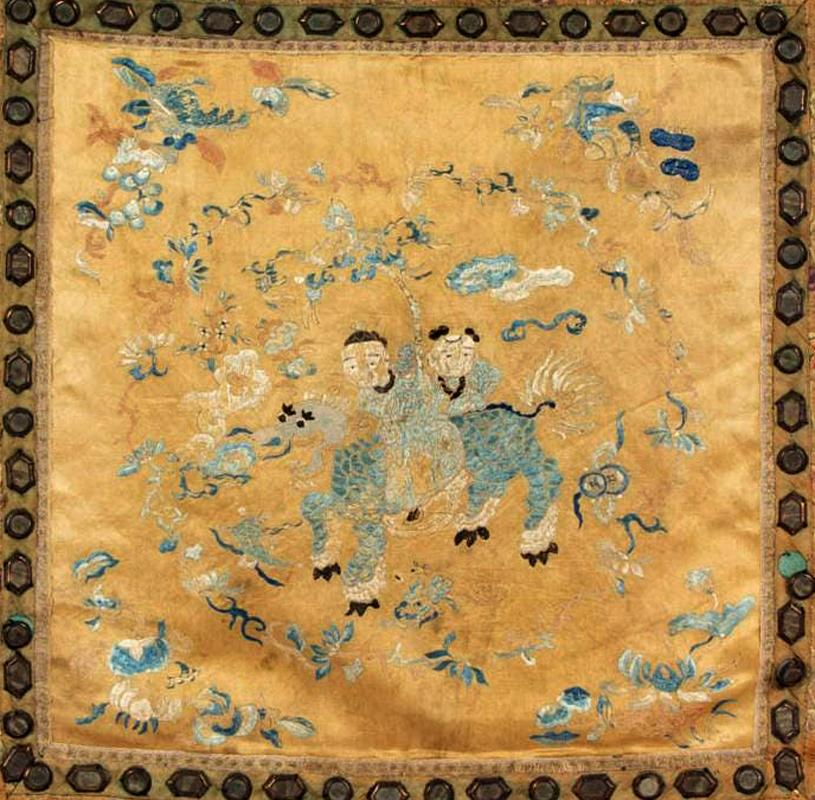 A wonderful piece of embroidery art from China circa 19th century beautifully presented in a shadow box frame that accentuate its aesthetic. The square form cushion cover features superb needlework such as satin stitches and forbidden knots that