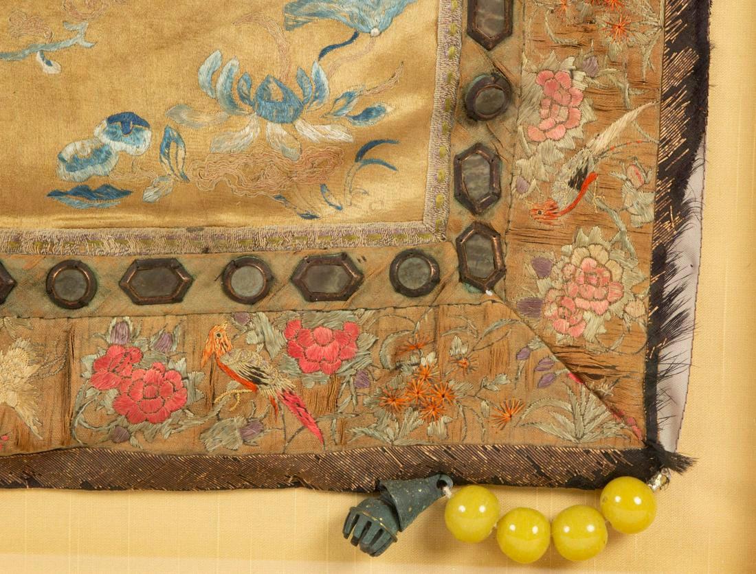 Framed Chinese Antique Silk Embroidery Cushion Cover with Beads In Fair Condition In Atlanta, GA