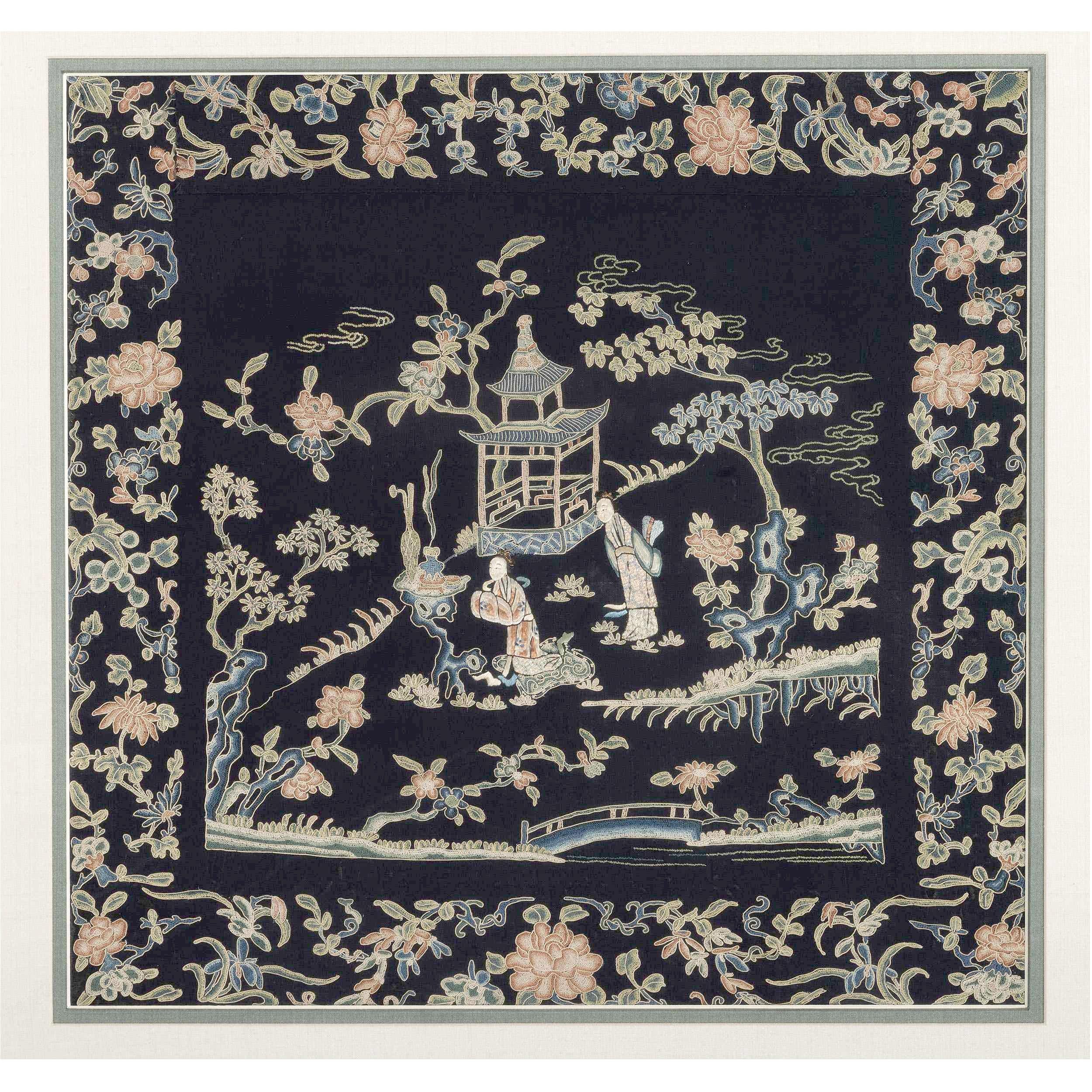 A spectacular antique Chinese embroidery panel dated from Qing dynasty (circa 19th century), professionally framed with linen mat, purchased from Galerie Du Monde in Hong Kong. This example, entailed with many stitch techniques including, satin,