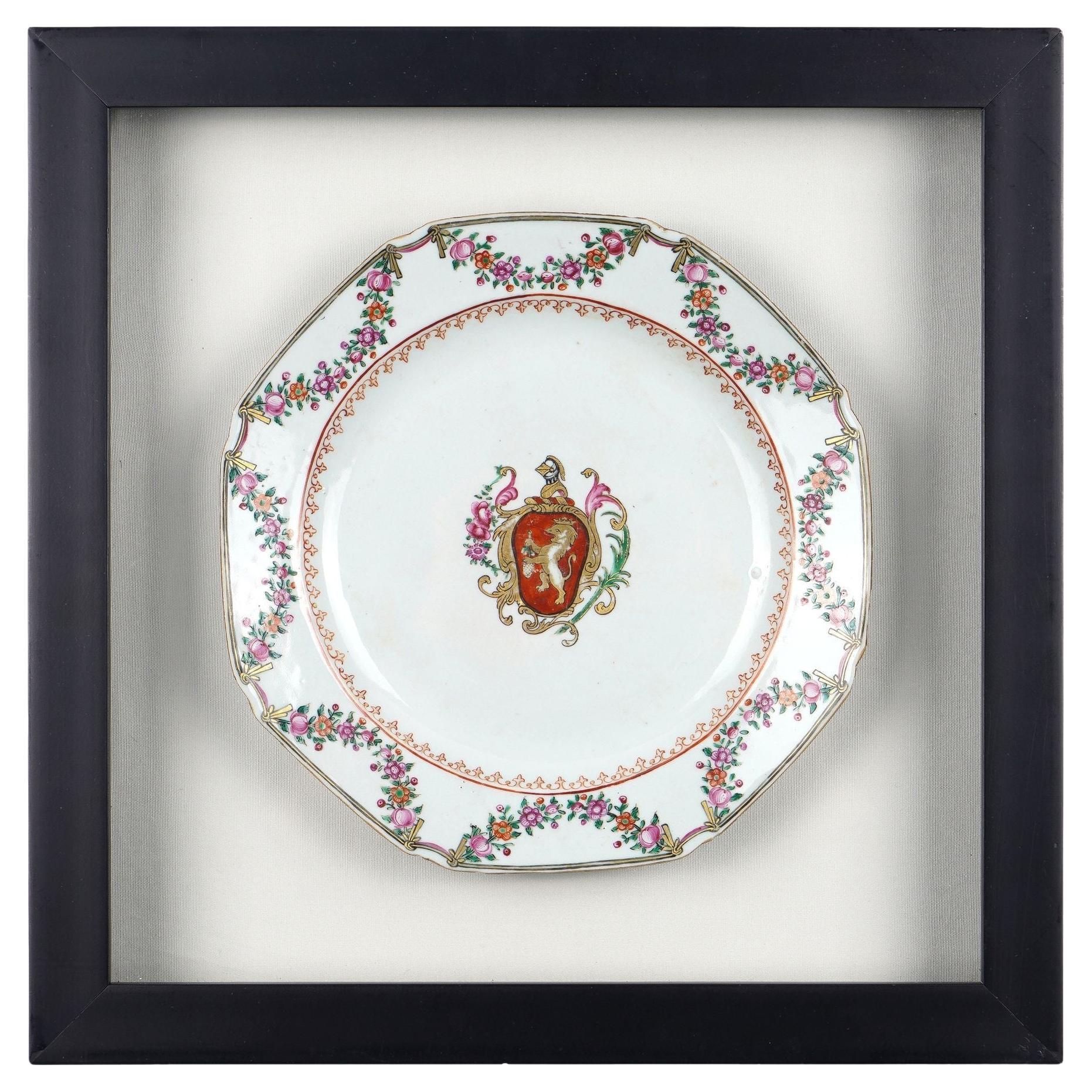 Framed Chinese armorial export octagonal dinner plate, c. 1780