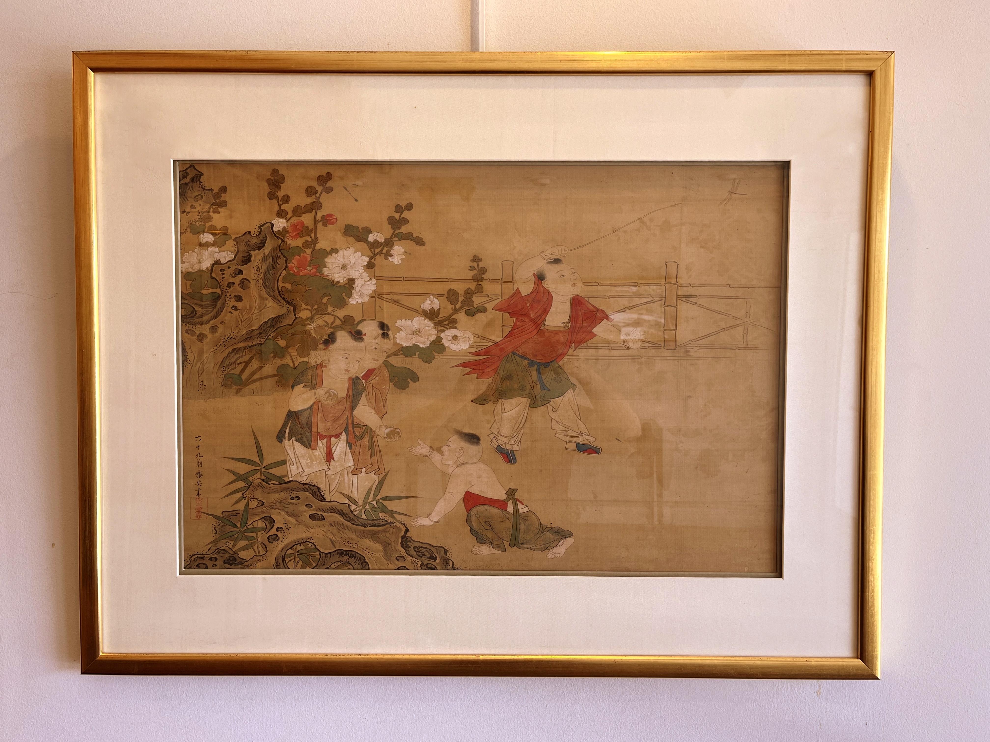  Fine Chinese brush painting of children playing in garden, ink and color on silk, 19th century, conservation framed