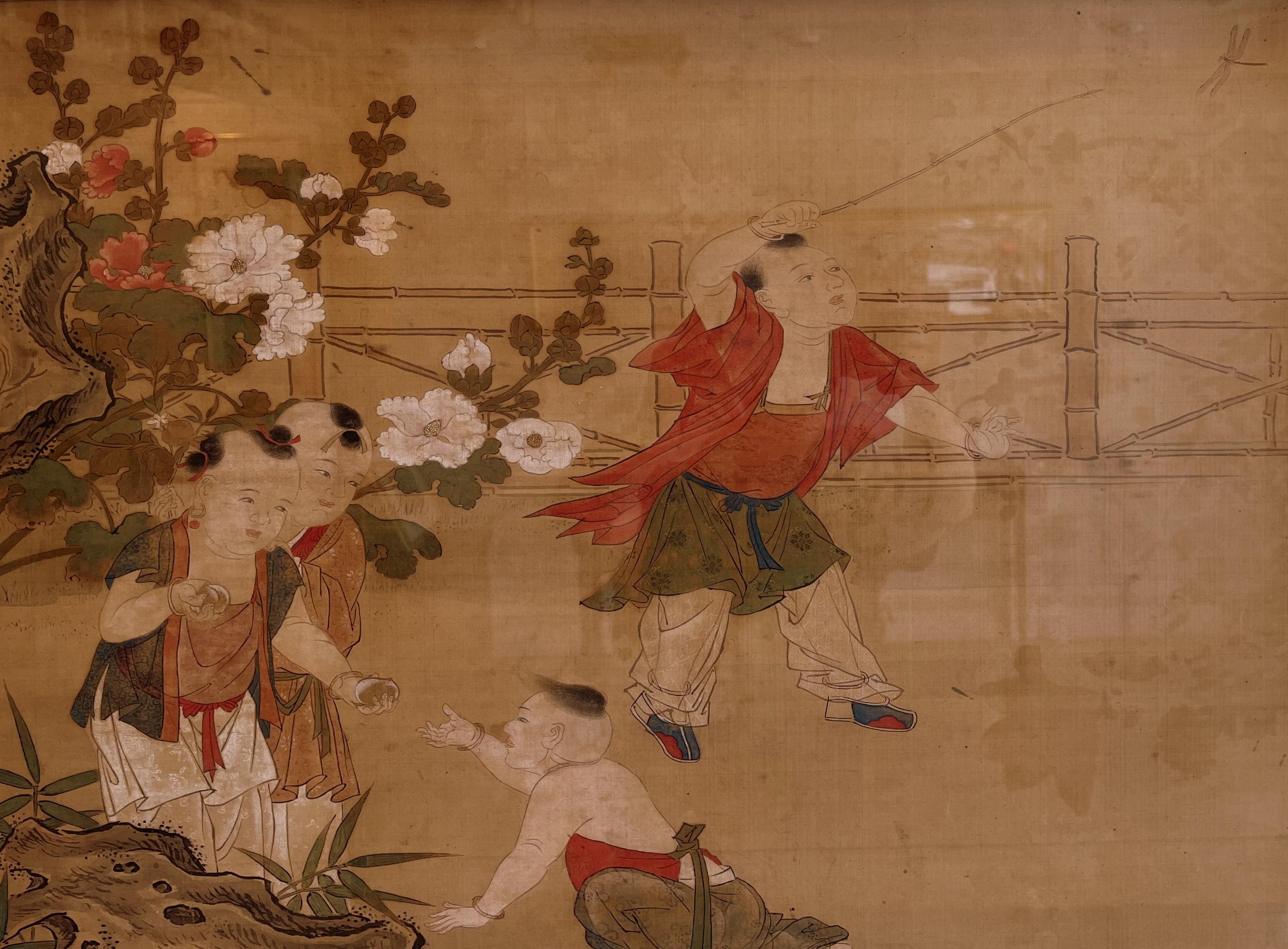 Hand-Painted Framed Chinese Brush Painting of Children Playing in Garden For Sale
