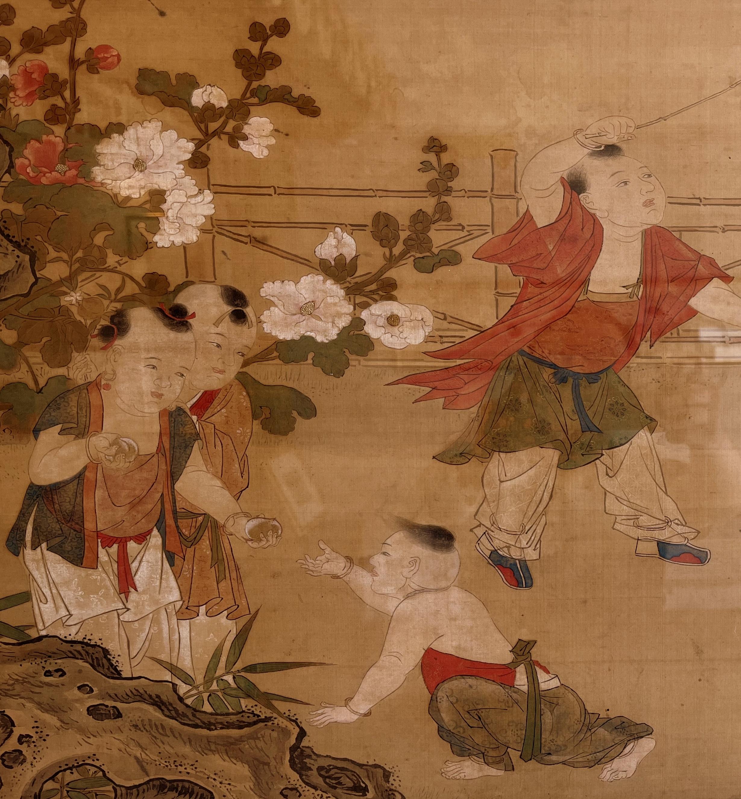 Framed Chinese Brush Painting of Children Playing in Garden In Good Condition For Sale In Greenwich, CT