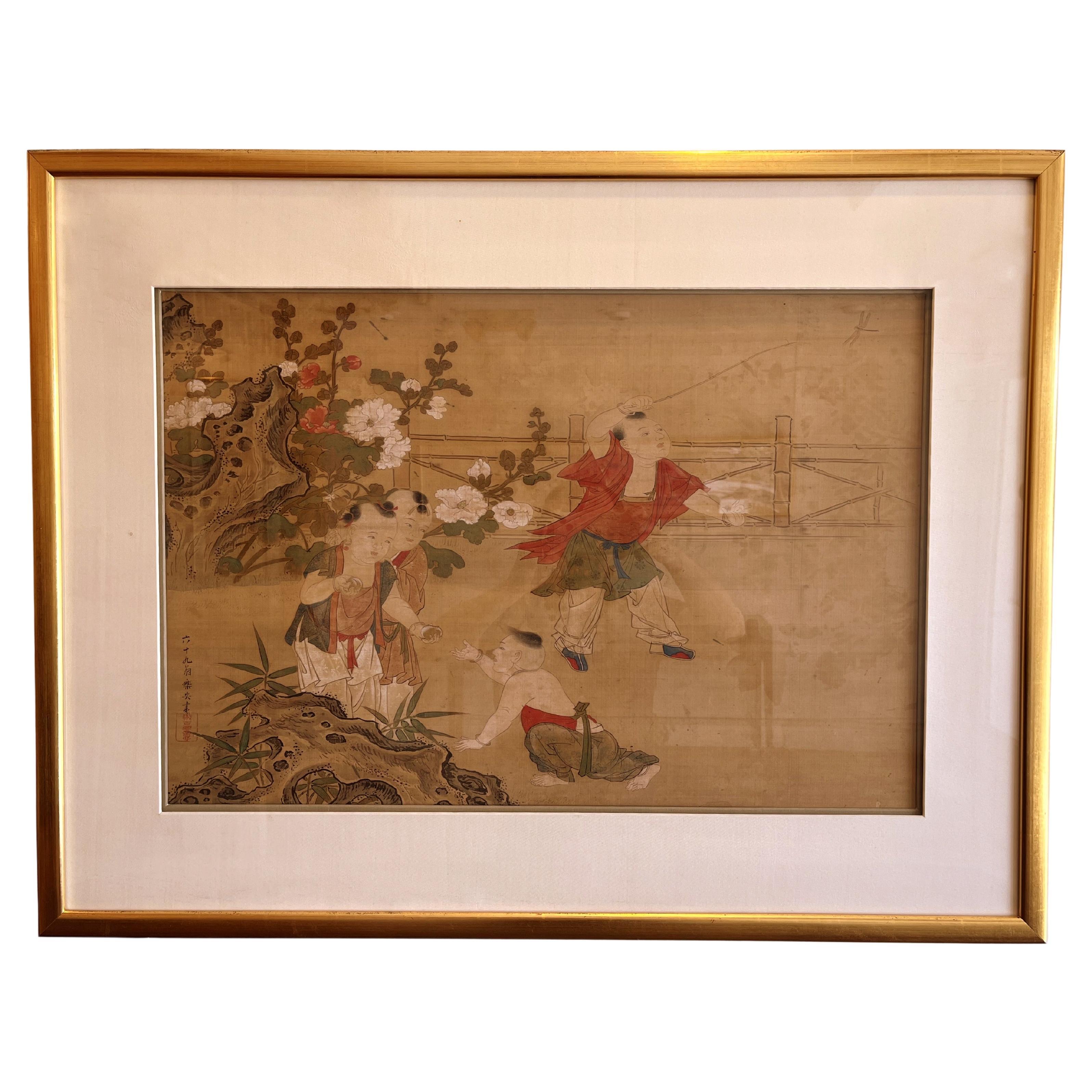 Framed Chinese Brush Painting of Children Playing in Garden For Sale