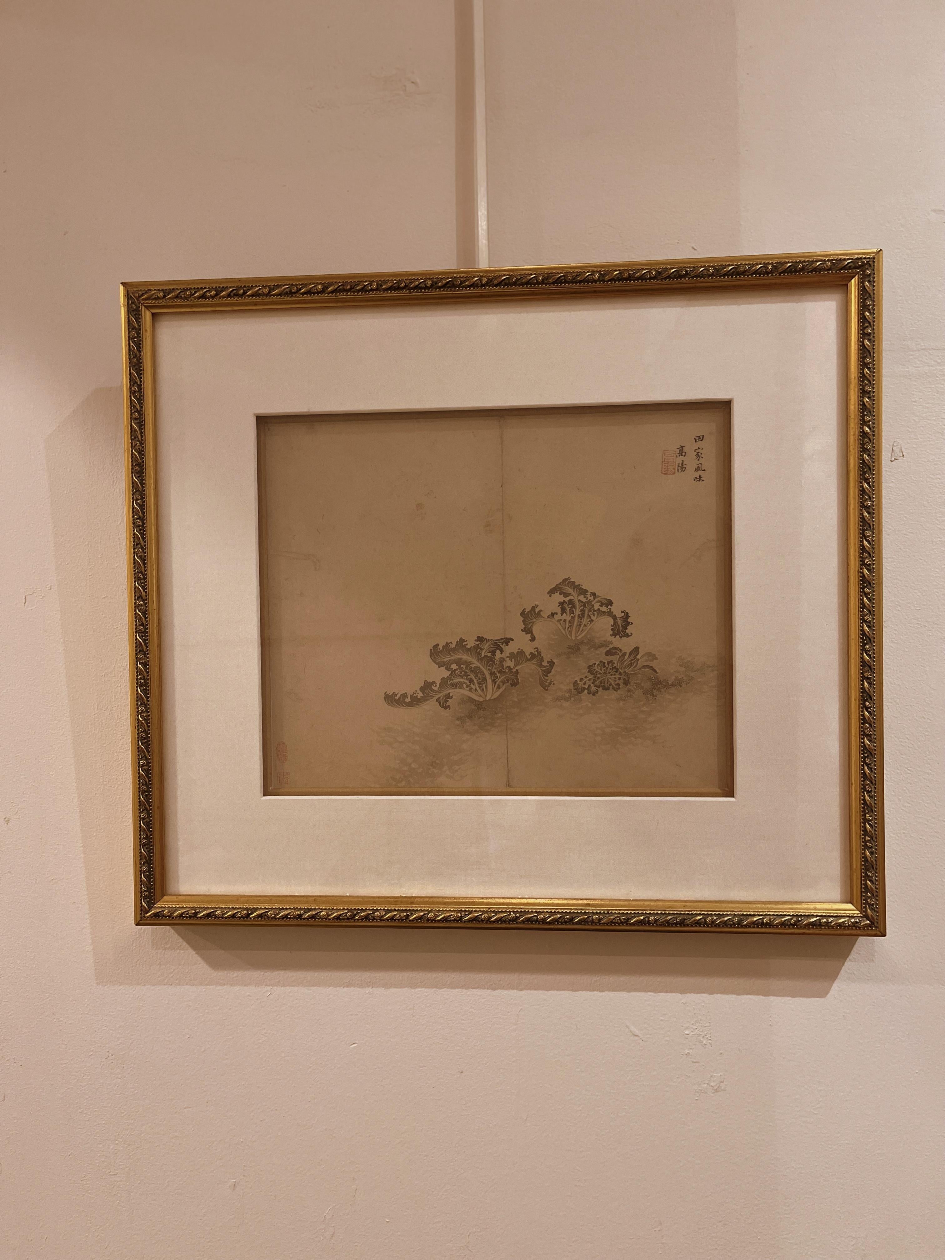 Pinceau chinois raffiné représentant des plantes, encre sur papier de riz, 19e siècle, signé avec un sceau.
Taille totale :  17.6  la largeur.  Hauteur de 15,5 pouces
Taille de l'image :  10.6