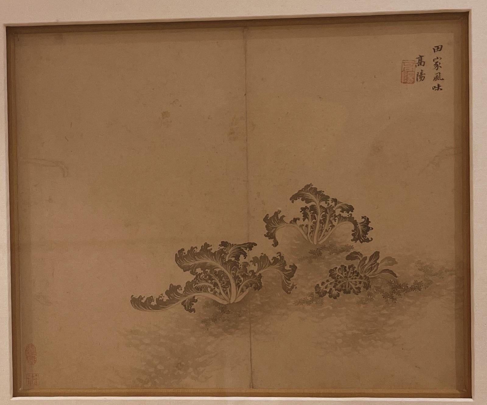 Hand-Painted Framed Chinese Brush Painting of Plants  For Sale