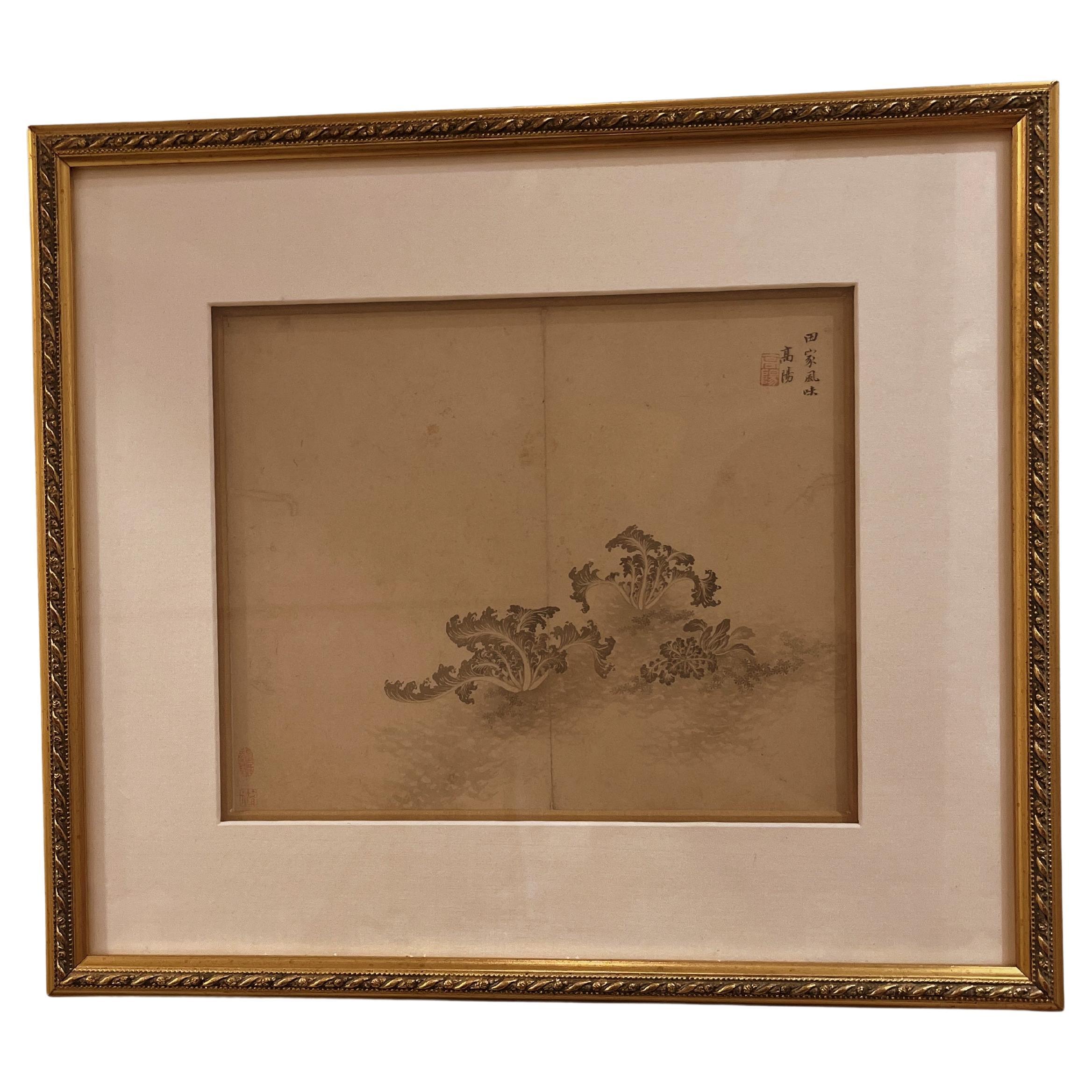 Framed Chinese Brush Painting of Plants 