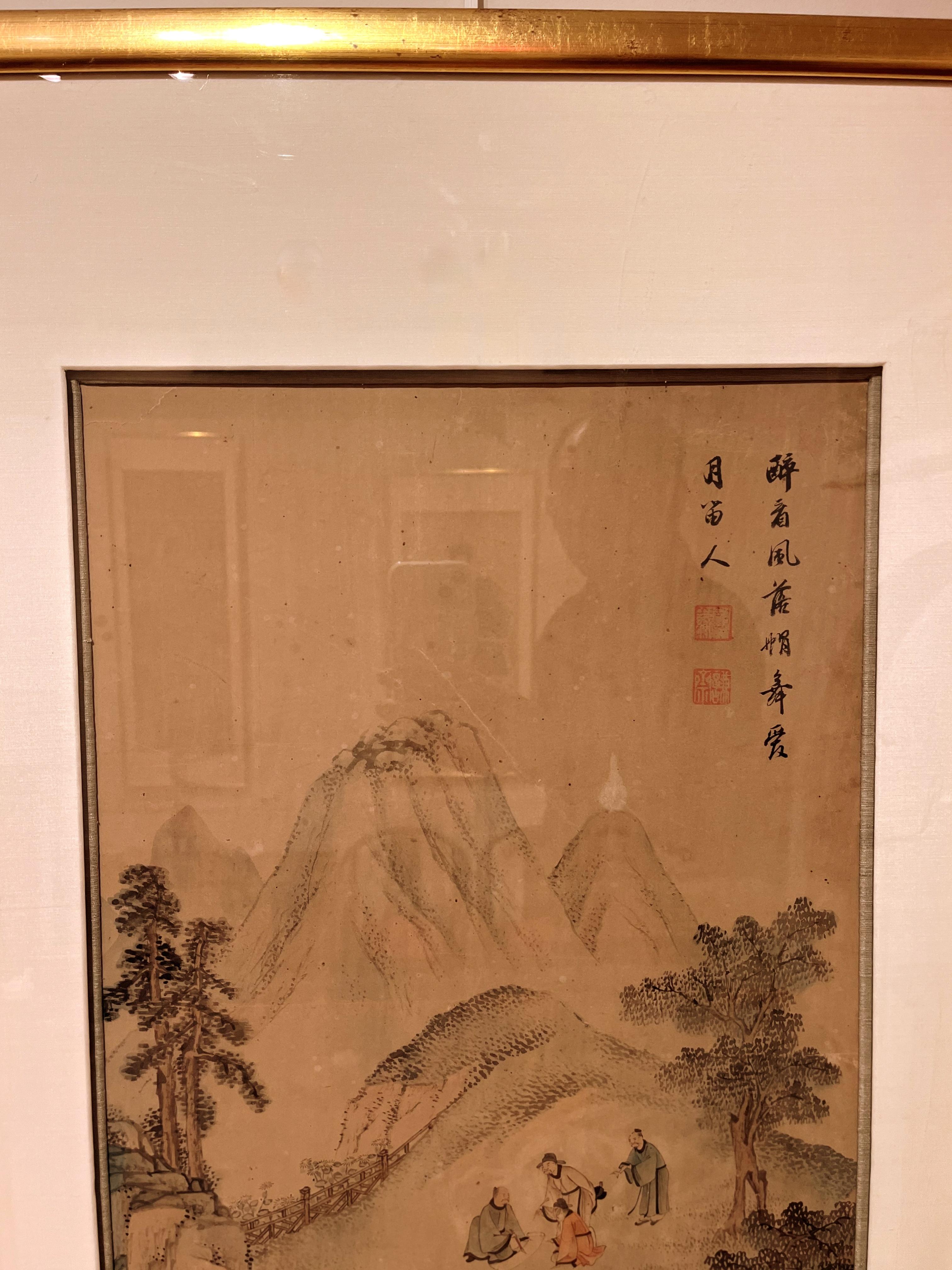 Hand-Painted Framed Chinese Brush Painting of Scholars Leisure in the Landscape  For Sale