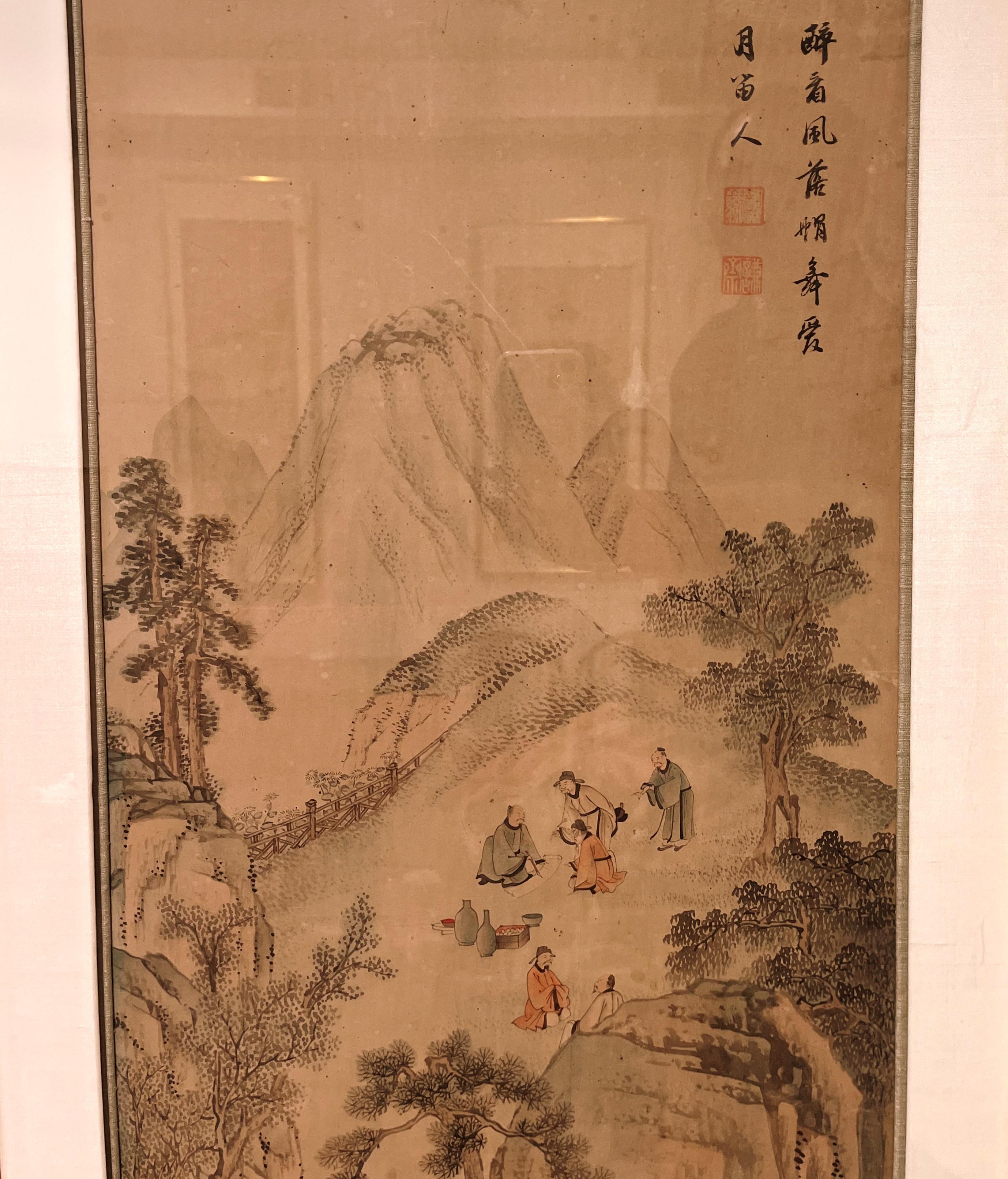 Gerahmtes chinesisches Pinselgemälde von Scholars Leisure in der Landschaft  (Handbemalt) im Angebot
