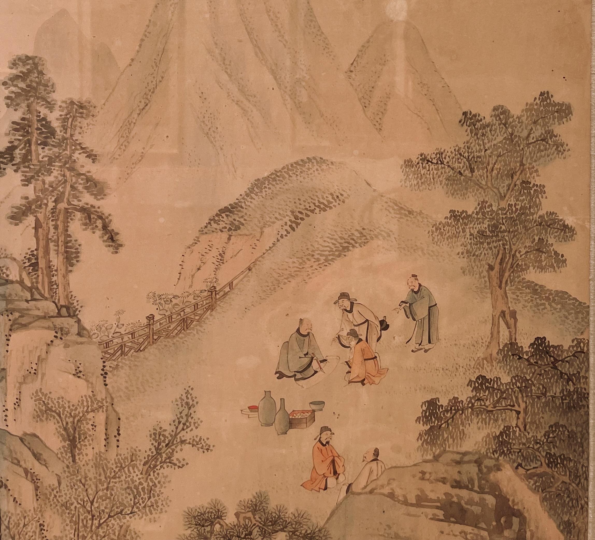 19th Century Framed Chinese Brush Painting of Scholars Leisure in the Landscape  For Sale