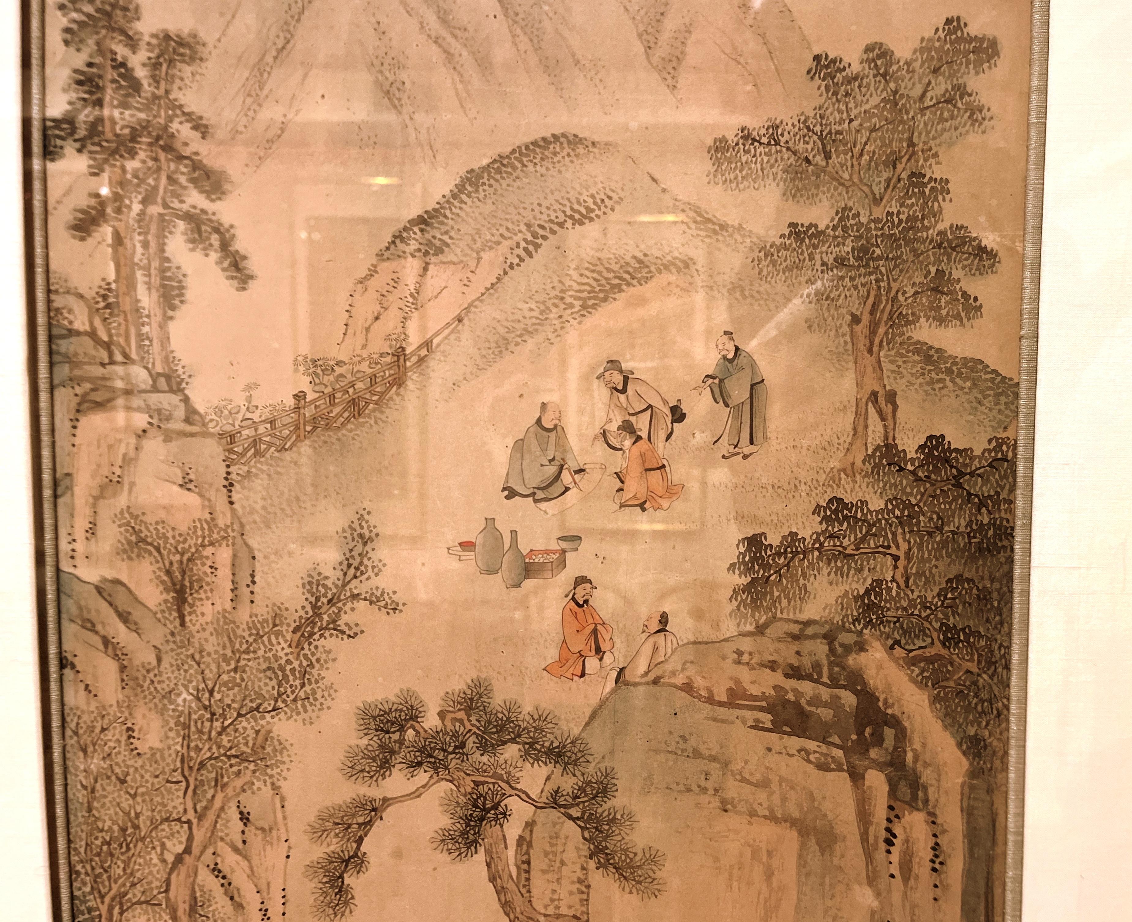 Paper Framed Chinese Brush Painting of Scholars Leisure in the Landscape  For Sale